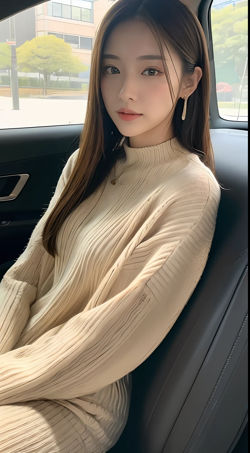 ((best qualtiy, 8k, tmasterpiece:1.3)), Focus:1.2, perfect figure beautiful woman:1.4, Cocked buttocks:1.2, ((Exquisite Hair)), (sweaterdress:1.1) , (Sports car, street: 1.2), Highly detailed facial and skin texture, A detailed eye, 二重まぶた,Whiten skin,Wear a necklace,gyuru,People sitting in cars