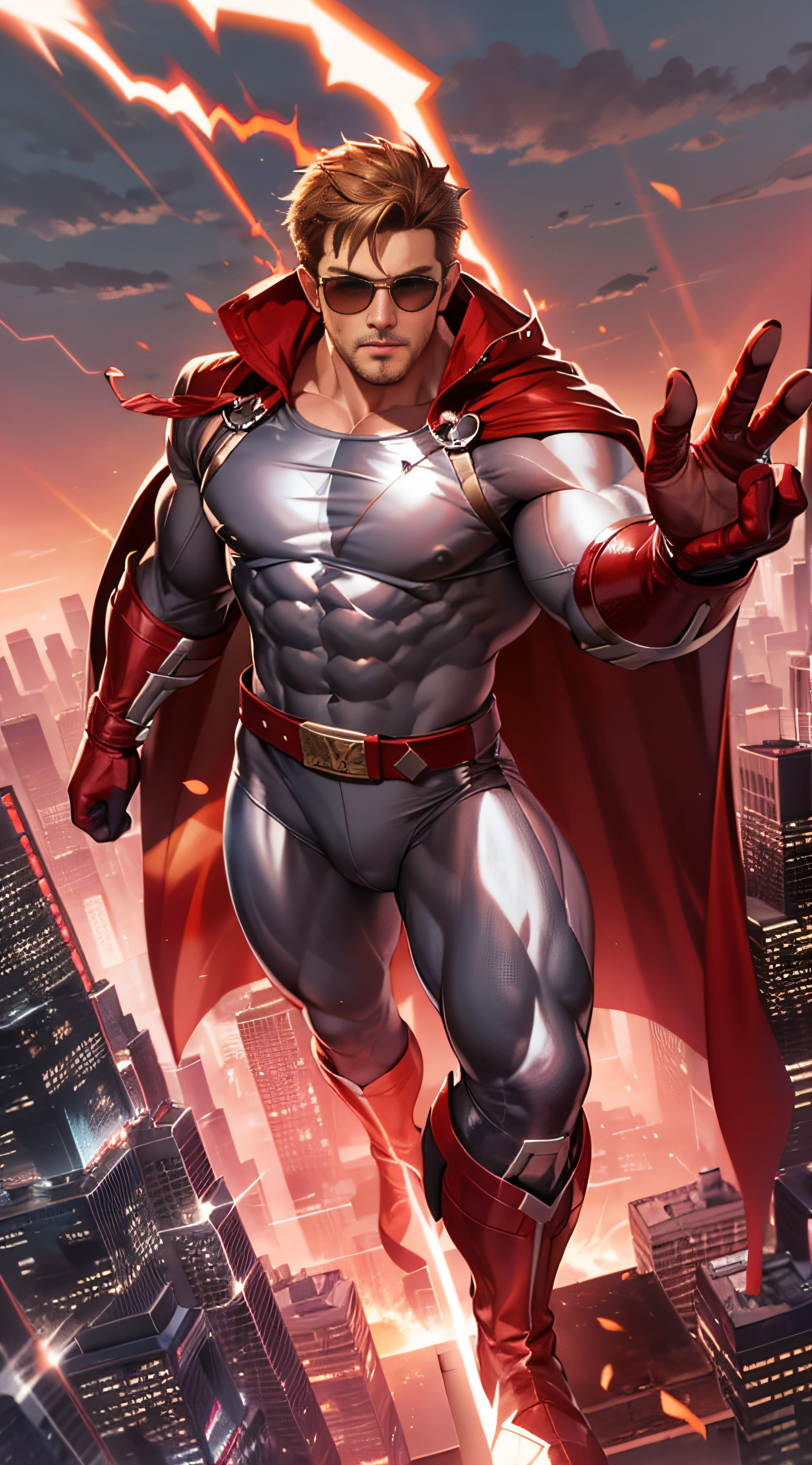muscular superhero with light brown hair, wearing a reflective silver bodysuit, with a dark red cape and a pair of dark red sunglasses, with dark red boots and gloves, with bolts of red lightning arcing from his outstretched hand, above a modern city