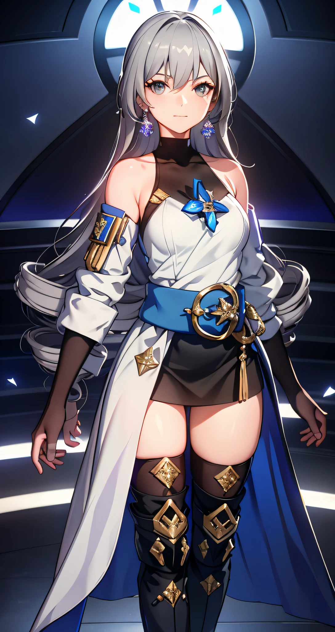 ph bronya, 1girl, solo, jewelry, earrings, long hair, grey hair, bangs, drill hair, bare shoulders, grey eyes, thigh boots, thighhighs, hair between eyes, boots, elbow gloves,sleeveless, black gloves, twin drills, belt, leggings, white dress, breasts, small breasts, black footwear, long sleeves, (masterpiece:1.2, best quality), (finely detailed beautiful eyes: 1.2), (detailed background,dark fantasy), (beautiful detailed face), high contrast, (best illumination, an extremely delicate and beautiful), ((cinematic light)), colorful, hyper detail, dramatic light, intricate details, (sharp face hair between eyes,dynamic angle), swirling black light around the character, depth of field,black light particles,(broken glass),magic circle,