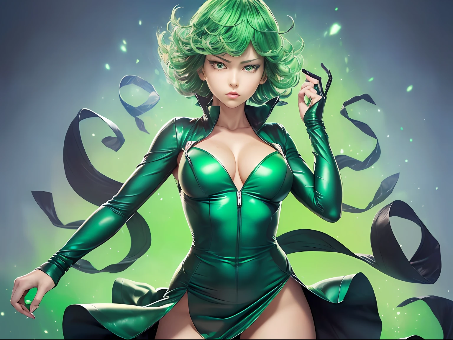 (((Tatsumaki))) (hero aka tornado from One Punch Man) sexy ((tiny breast )) ((lleva un vestido largo))) (((con la pierna descubierta negro ajustado ))) ((Trasero perfecto)), ((cabello verde)), hermosa cara ((imagen cuerpo completo)), que parezca un render de z brush, 8k cuerpo completo , ((Tatsumaki)) sensual cuerpo perfecto perfecto