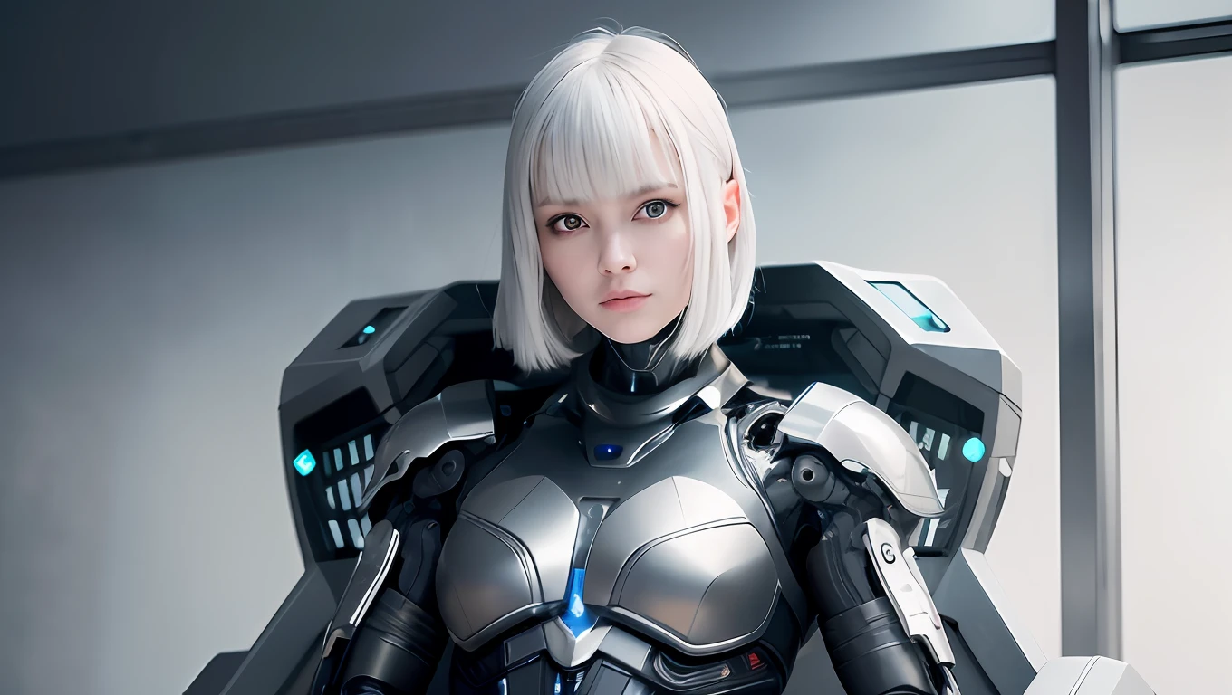 there is a woman with a futuristic headpiece and a futuristic helmet, beutiful white girl cyborg, beutiful girl cyborg, beautiful cyborg girl, cute cyborg girl, cyborg girl, cyborg - girl, beautiful cyberpunk girl face, cyborg - girl with silver hair, silver glowing hair, silver hair, beautiful cyborg angel girl, dreamy cyberpunk girl, perfect cyborg female, portrait beautiful sci - fi girl, complex 3d render ultra detailed of a beautiful porcelain profile android face, full cyborg, cyborg, robotic parts, 150 mm, beautiful studio soft light, rim light, vibrant details, luxurious cyberpunk, lace, hyperrealistic, anatomical, facial muscles, cable electric wires, microchip, elegant, beautiful background, octane render, H. R. Giger style, 8k, best quality, masterpiece, illustration, an extremely delicate and beautiful, extremely detailed ,CG ,unity ,wallpaper, (realistic, photo-realistic:1.37),Amazing, finely detail, masterpiece,best quality,official art, extremely detailed CG unity 8k wallpaper, absurdres, incredibly absurdres, robot, silver halmet, full body, sitting