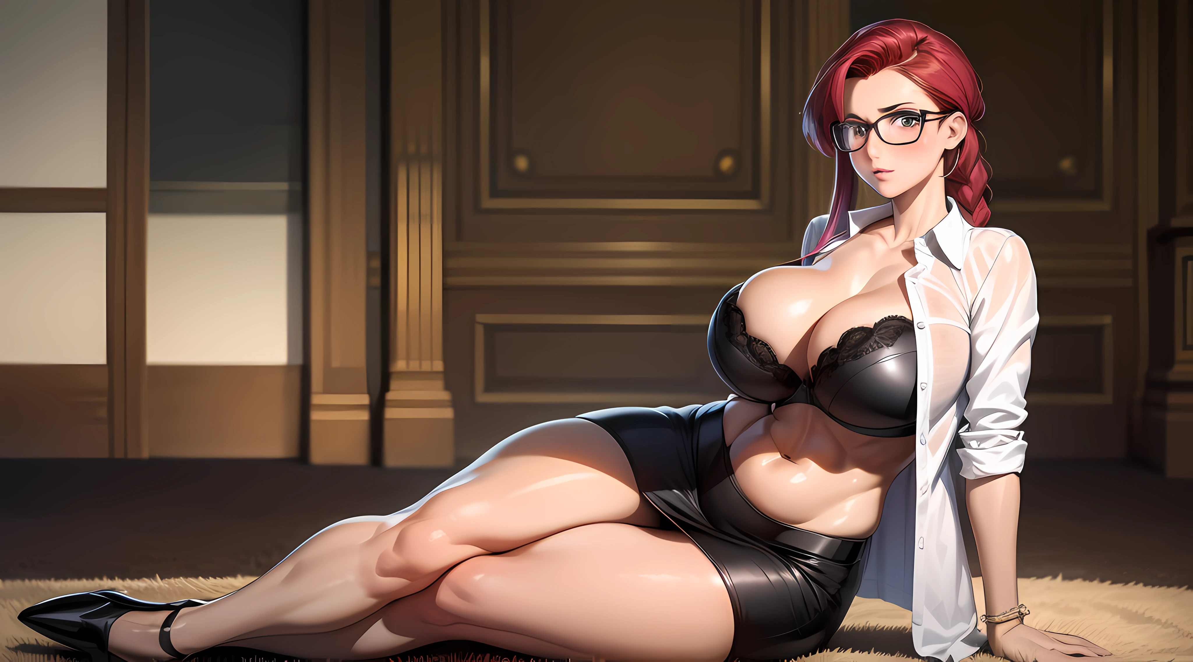 Masterpiece, Best quality, Realistic, Photorealistic, Great lighting, Ultra-detailed, Dynamic Angle, Perfect face, (Bright lighting:1.2),Beautiful detailed eyes, Extremely detailed face, Yellow braid，Perfect lighting,Miss Pauline,Heavy makeup，Glasses, Purple shirt, Open shirt, Black bra, cleavage, Large of breast，pencil skirts, Pantyhose, High heels, view the viewer, arms behind  head,Transparent, Embarrassed expression, Blush, Sitting, lounge room