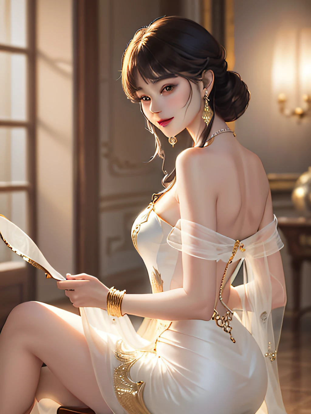 ((top-quality、masuter piece:1.3))、reallistic、超A high resolution、(The best illustrations)、1 female、Beautiful beautiful girl:1.3、3/5 lenses、straight hairstyle、brunette color hair、glistning skin、Light smile、Keep one's mouth shut、爆乳、Long white dress with off-the-shoulder transparency、earring、Golden bangles、com rosto detalhado、A detailed eye、The detailed hand、watching at viewers、Luxurious rooms in the palace、Highly detailed facial and skin texture、Focus on the face、A detailed eye、Detailed description of the buttocks、detailed hand depiction、sitting on stool