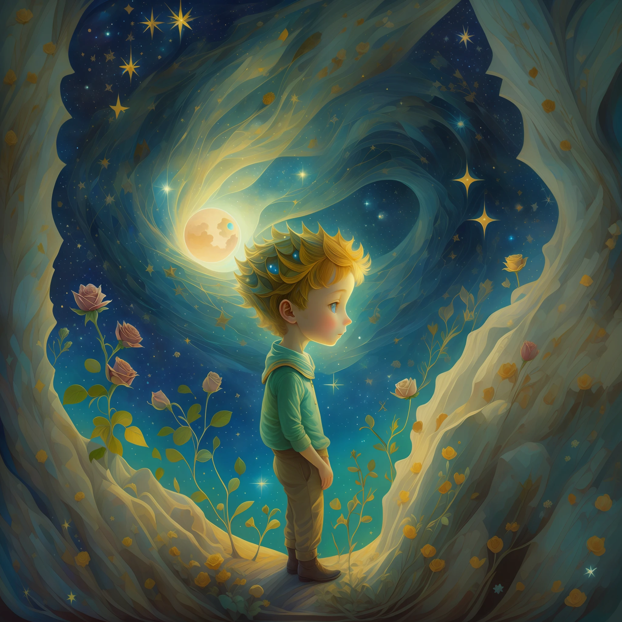 half portrait, Best Quality, Masterpiece, extra high resolution, (foto realista: 2.5), surrealism, dream-like, ((The image of the Little Prince)),  hair light, light blue eyes, Starry sky, 1lis sits next to it, night time, Stars, galaxy, There is also a rose and a planet, Sprouted baobabs , ((The Little Prince)),  Fairytale painting, A bright light masterpiece, The Little Prince, breathtaking art, illustartion!, by Anna Haifisch, by Julia Pishtar, The landing of Antoine Exupéry, fantastic art, A fairytale work of art, inspiring art, Fantastic works of art