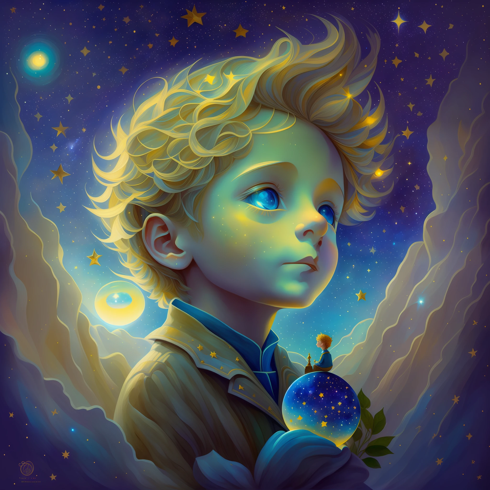 half portrait, Best Quality, Masterpiece, extra high resolution, (foto realista: 2.5), surrealism, dream-like, ((The image of the Little Prince)), hair light, light blue eyes, Starry sky, 1lis sits next to it, night time, Stars, galaxy, There is also a rose and a planet, Sprouted baobabs , ((The Little Prince)), Fairytale painting, A bright light masterpiece, The Little Prince, breathtaking art, illustartion!, by Anna Haifisch, by Julia Pishtar, The landing of Antoine Exupéry, fantastic art, A fairytale work of art, inspiring art, Fantastic works of art
