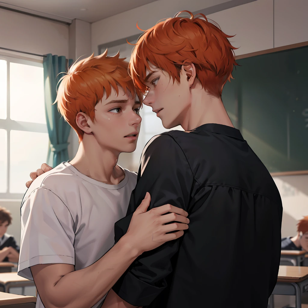 Two 15-year-old orange-haired teenage friends are grieving in tears over their brother's death talking, conversan, parlean  en la escuela comparten un secreto de que son casi amigos de hermanos... (usar los mismo personajes)