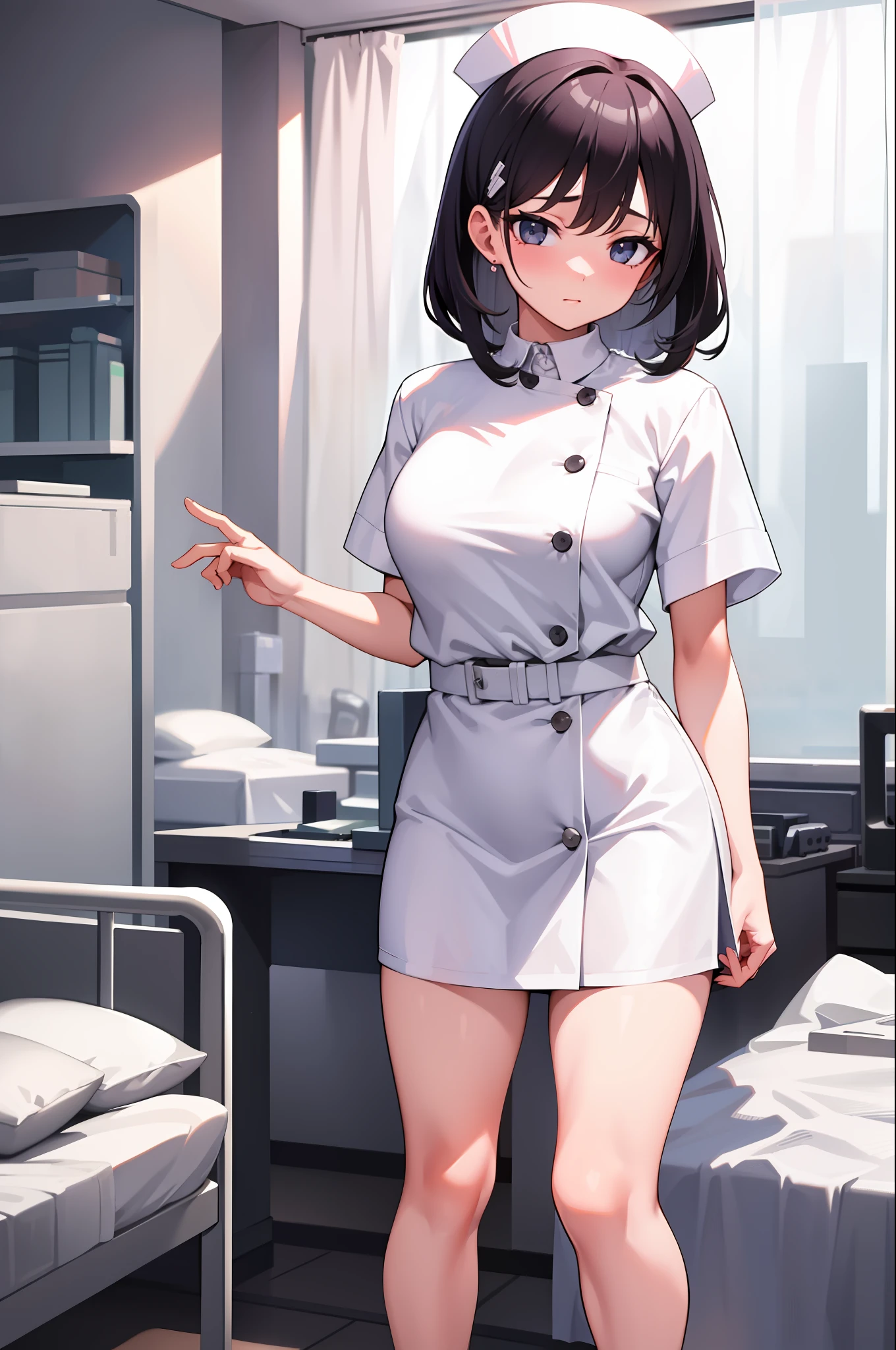 infirmary, curtains, 1girl, nurse, white dress,, masterpiece, best quality, highly detailed
