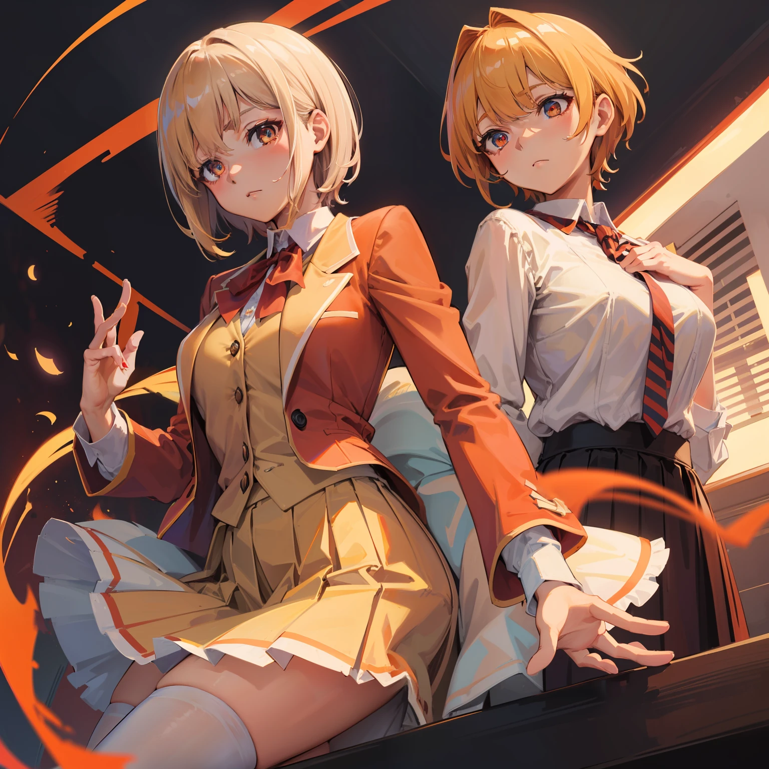 Masterpiece,highest quality, short beige-colored hair,school formal attire consisting of an orange blouse paired with an unbuttoned crimson blazer with a blue ribbon, a short-length white sailor striped pleated skirt, and black thigh-highs, detailed eyes, crimson eyes