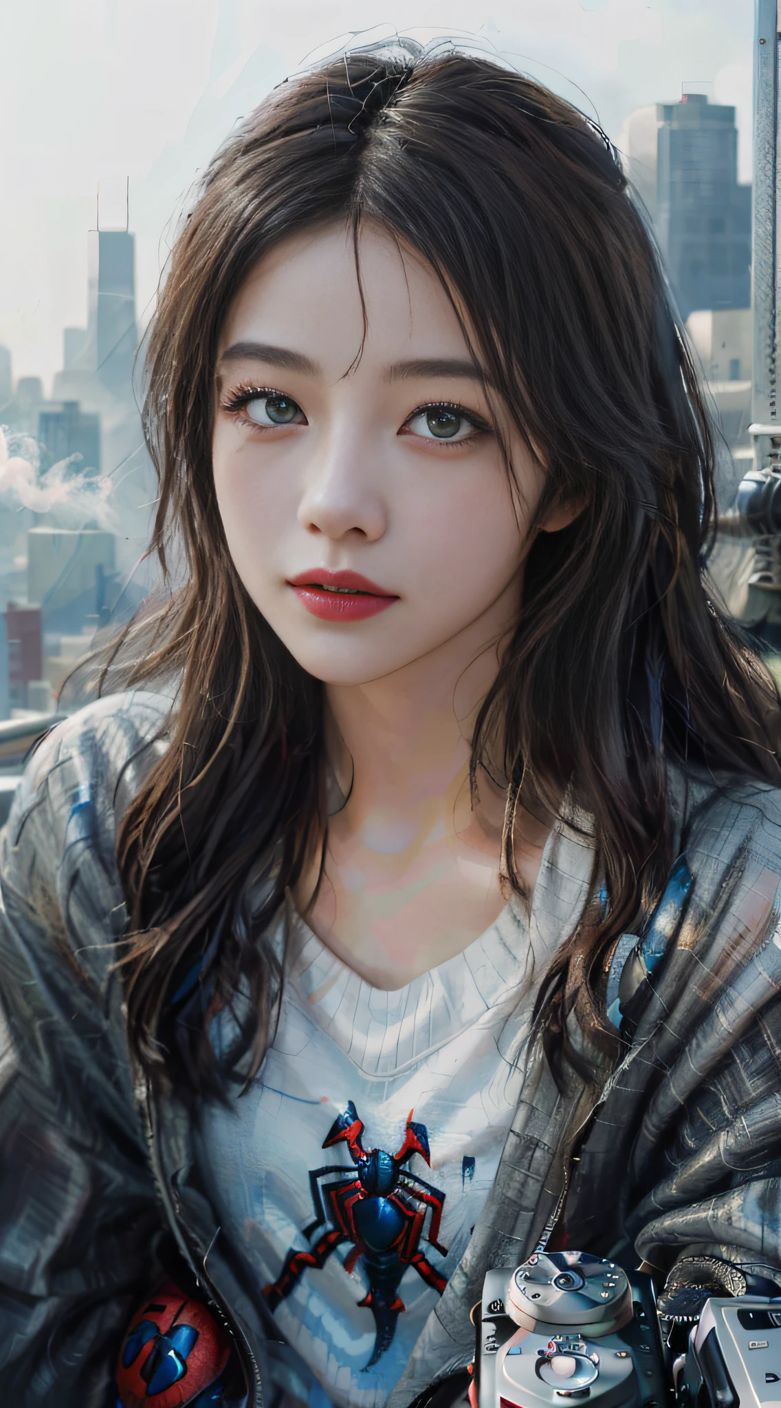 (1girl:1.3), Solo, (((Very detailed face)))), ((Very detailed eyes and face)))), Beautiful detail eyes, Body parts__, Official art, Unified 8k wallpaper, Super detailed, beautiful and beautiful, beautiful, masterpiece, best quality, original, masterpiece, super fine photo, best quality, super high resolution, realistic realism, sunlight, full body portrait, amazing beauty, dynamic pose, delicate face, vibrant eyes, (from the front), She wears Spider-Man suit, red and black color scheme, spider, very detailed city roof background, rooftop, overlooking the city, detailed face, detailed complex busy background, messy, gorgeous, milky white, highly detailed skin, realistic skin details, visible pores, clear focus, volumetric fog, 8k uhd, DSLR, high quality, film grain, fair skin, photo realism, lomography, futuristic dystopian megalopolis, translucent