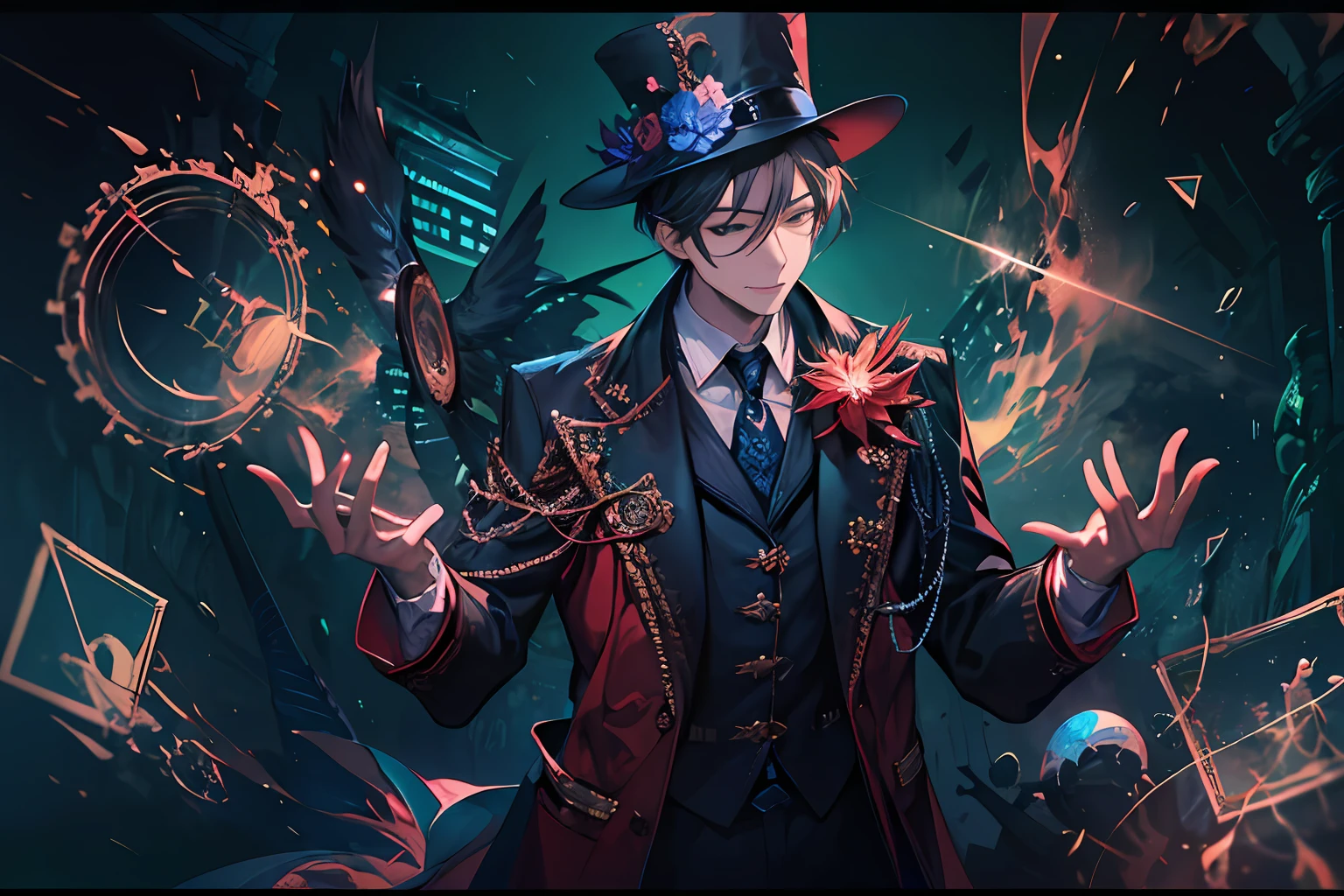 1 man, magician from Now you see me, mysterious vibe, vivid color, grim ,artistic,masterpiece, delighted face and details, high quality, digital painting, official wallpaper, ||,