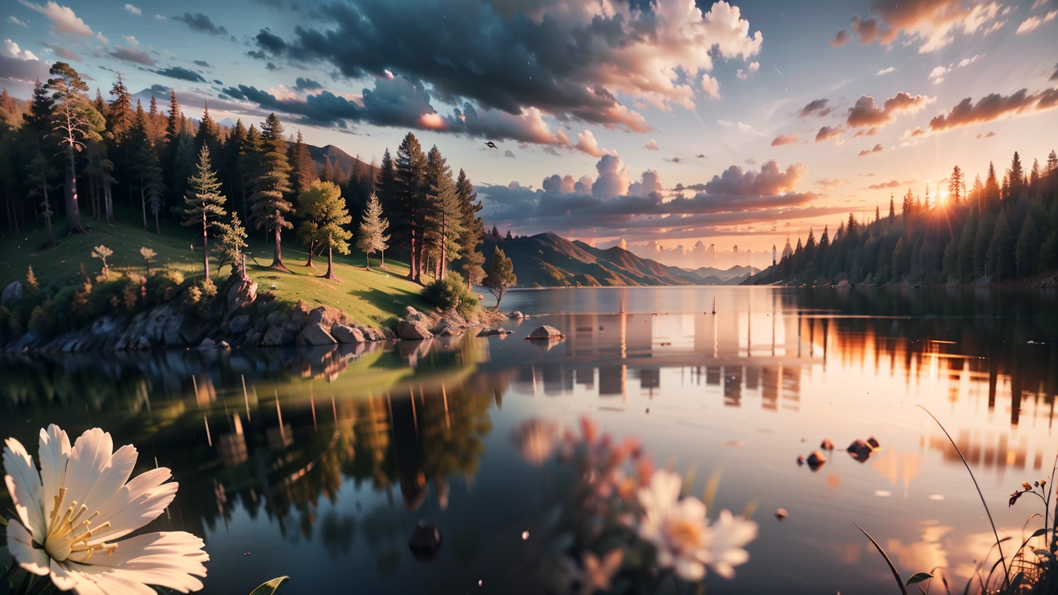 Wallpaper, summer, lake, dawn, forest, clouds, dawn background, depth of field, HD detail, hyperdetail, cinematic, soft light, deep field focus bokeh, ray tracing, diffuse (ultra-fine glass reflection) and realism. --v6