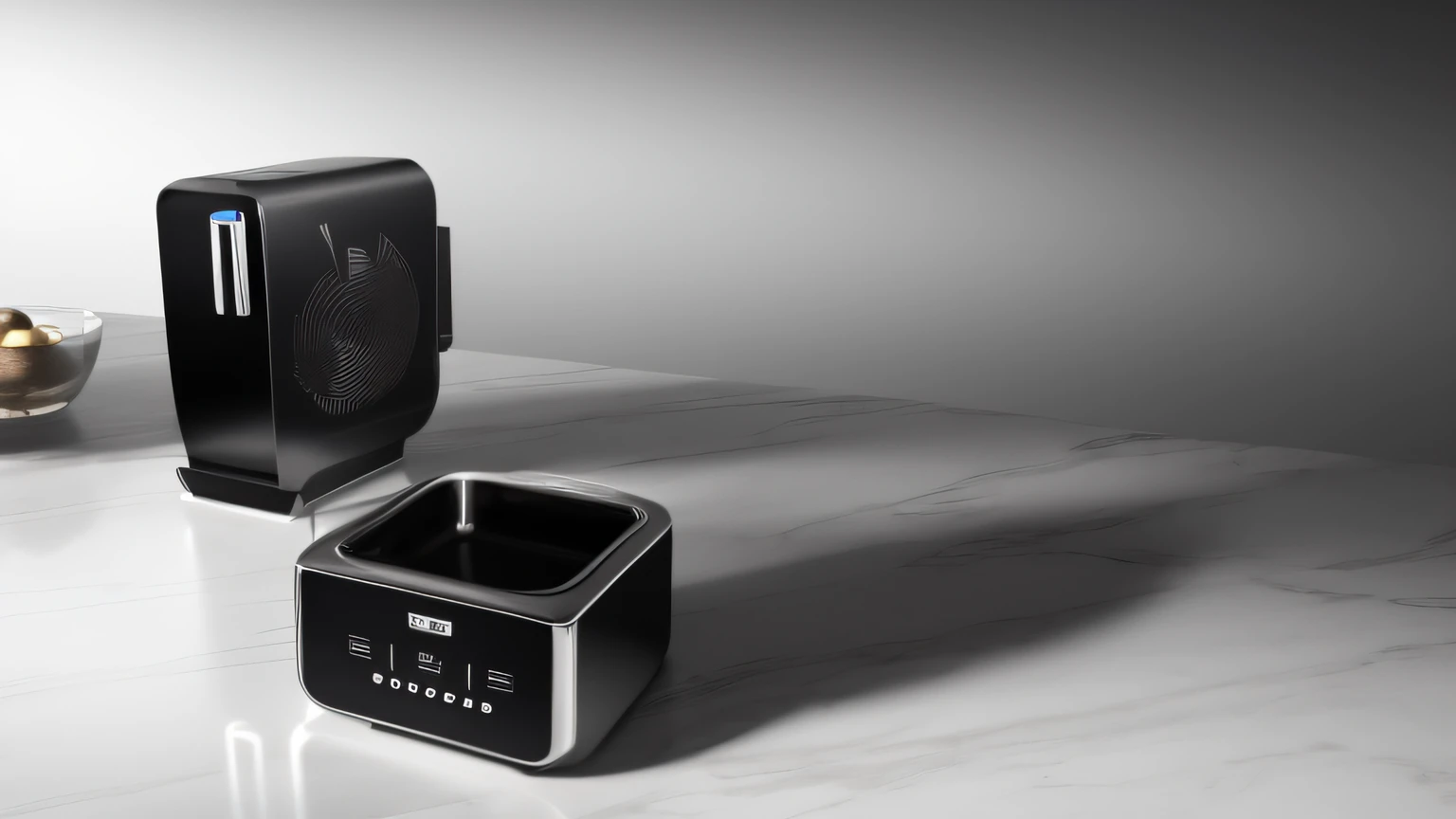 The kitchen counter has a black and silver coffee machine,Black and white countertops,Black and silver countertops,Dalof Ipukar,unreal engine rendered,computer render,hyper photorealism,