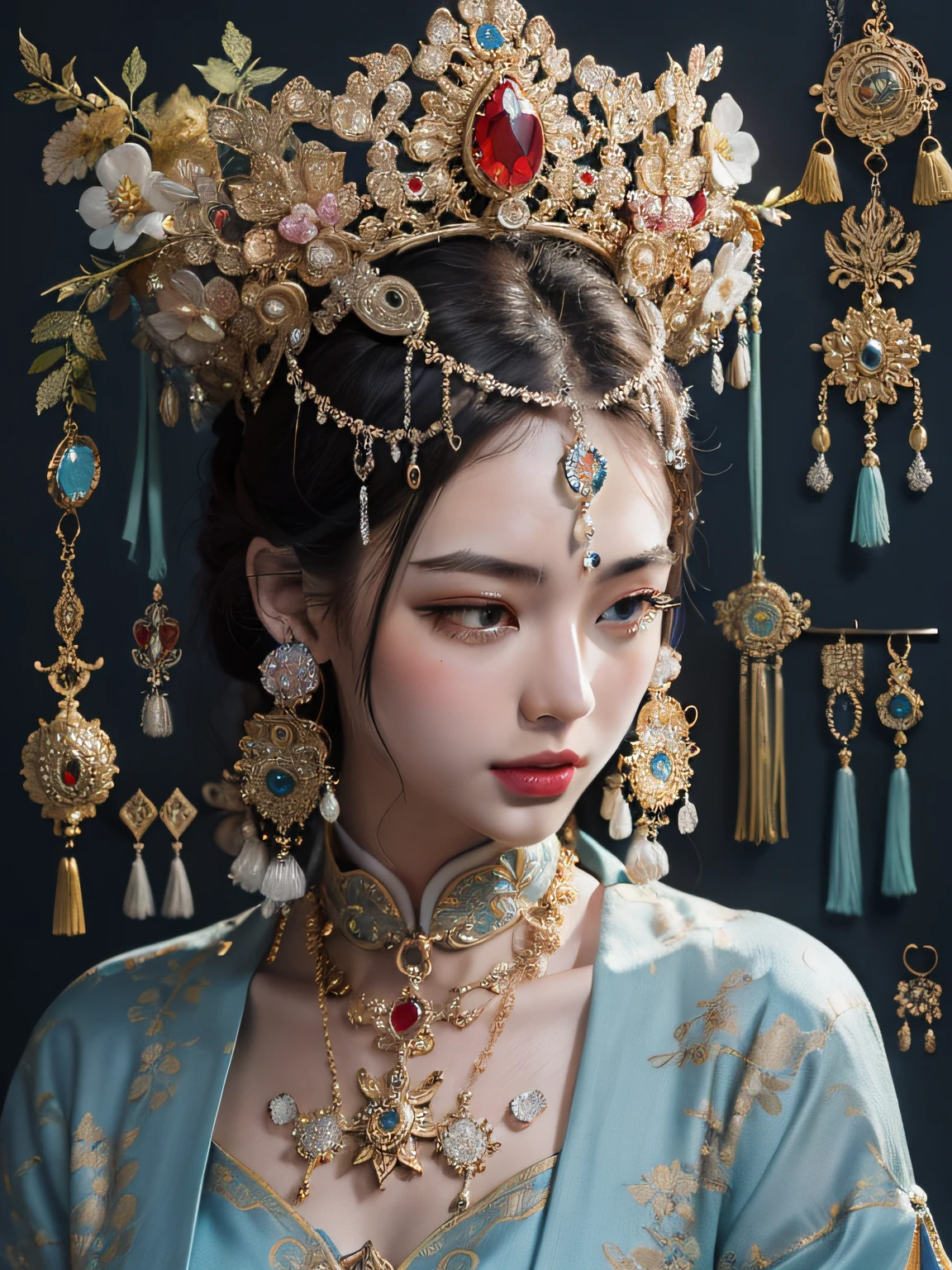 Portrait Photogram，Clear and unambiguous facial features，Happy，Glad，Clean color background，Combined with stunning epic ancient Chinese court themes，Decorated with gemstone hair cards，Pearl hair buckle，gold crown，耳Nipple Ring，Jade pendant，bangle，Take advantage of Morandi shades，Light blue tones，