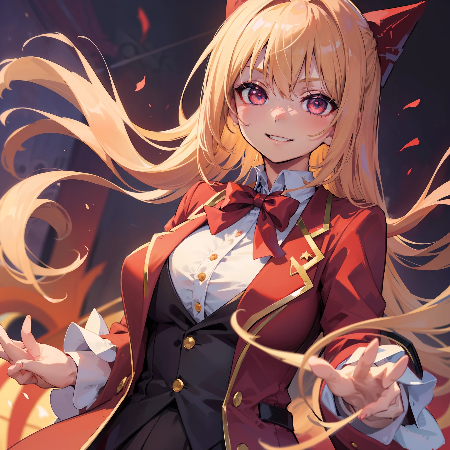 masterpiece)), (best quality),1girl with SHORT beige-colored hair, crimson eyes, detailed eyes, wearing the school formal attire, a blouse paired with an unbuttoned crimson blazer with a blue ribbon, (star-shaped pupils), idol-like smile