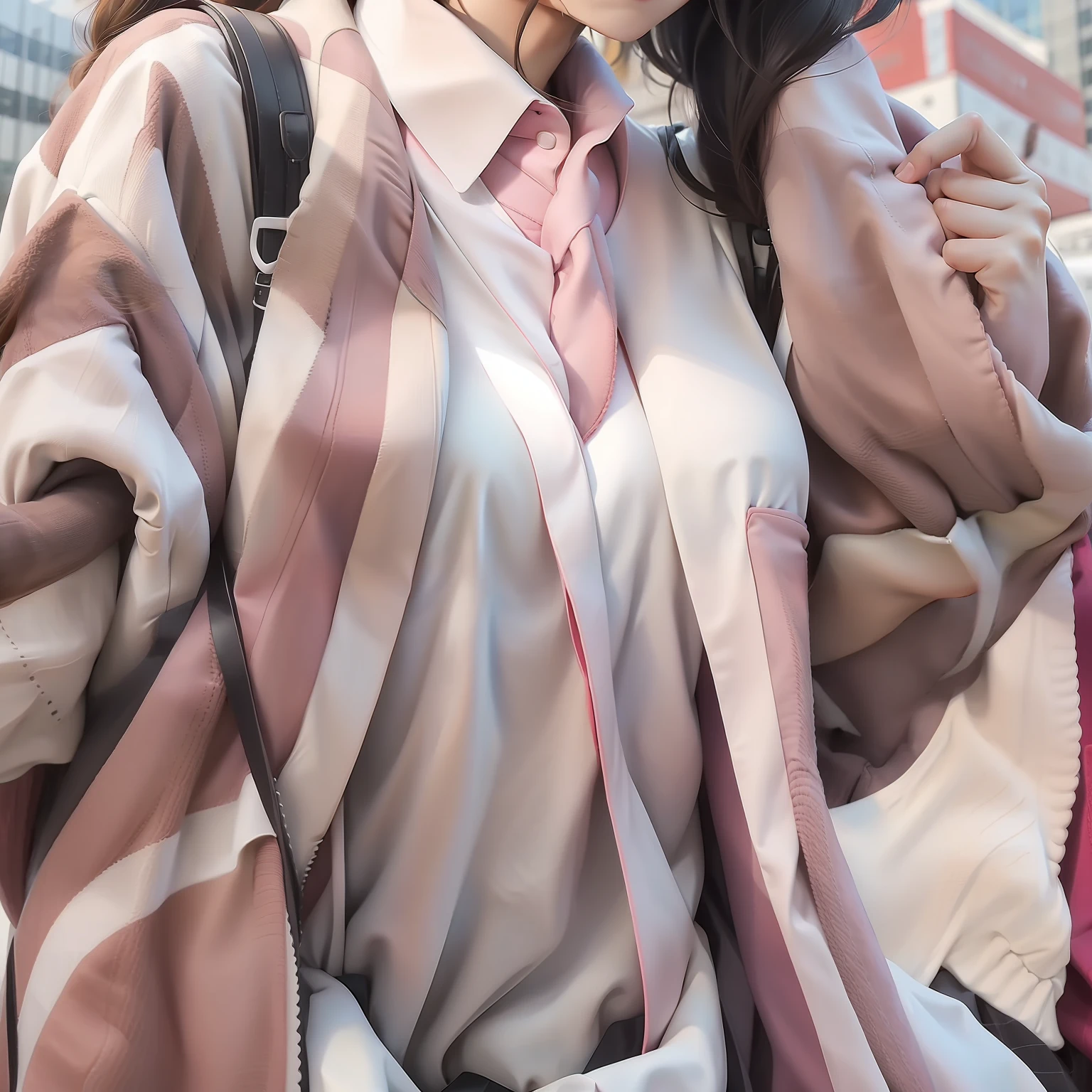 schoolgirls，Body to the right，White color blouse，Pink coat