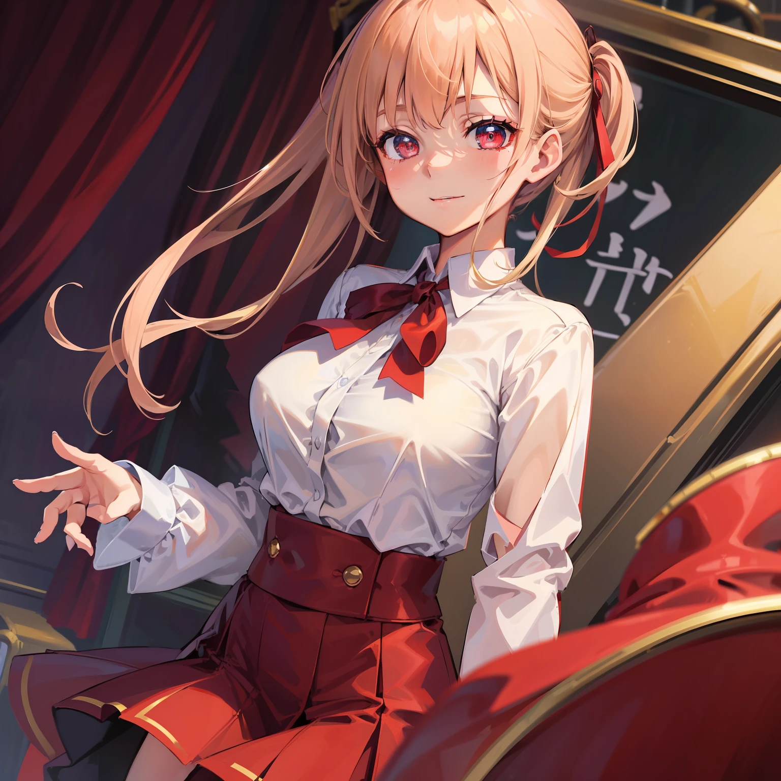 masterpiece)), (best quality),1girl with SHORT beige-colored hair, crimson eyes, detailed eyes, wearing the school formal attire, a blouse paired with an unbuttoned crimson blazer with a blue ribbon, (star-shaped pupils), idol-like smile