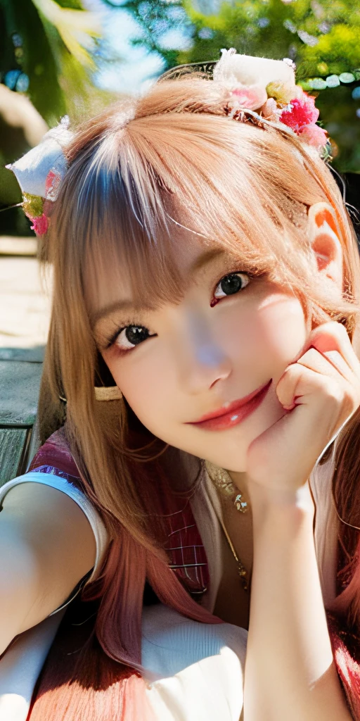 (8K, 4K, Best Quality, hight resolution:1.2), (maasterpiece, Realistic, photographrealistic:1.37), 1girl in, Solo, Beautiful face, Eyelashes, Nose, Glossy lips, (Detailed eyes, Looking at Viewer, Fair skin, White skin:1.5), fine complexion, Upper body,
Large breasts, busty, , (:1.5),
outdoor bath,
two side up, absurdly long hair, Blonde hair, Pink hair, Bangs, Hair Ornament, Bow,
Younger, aged down,