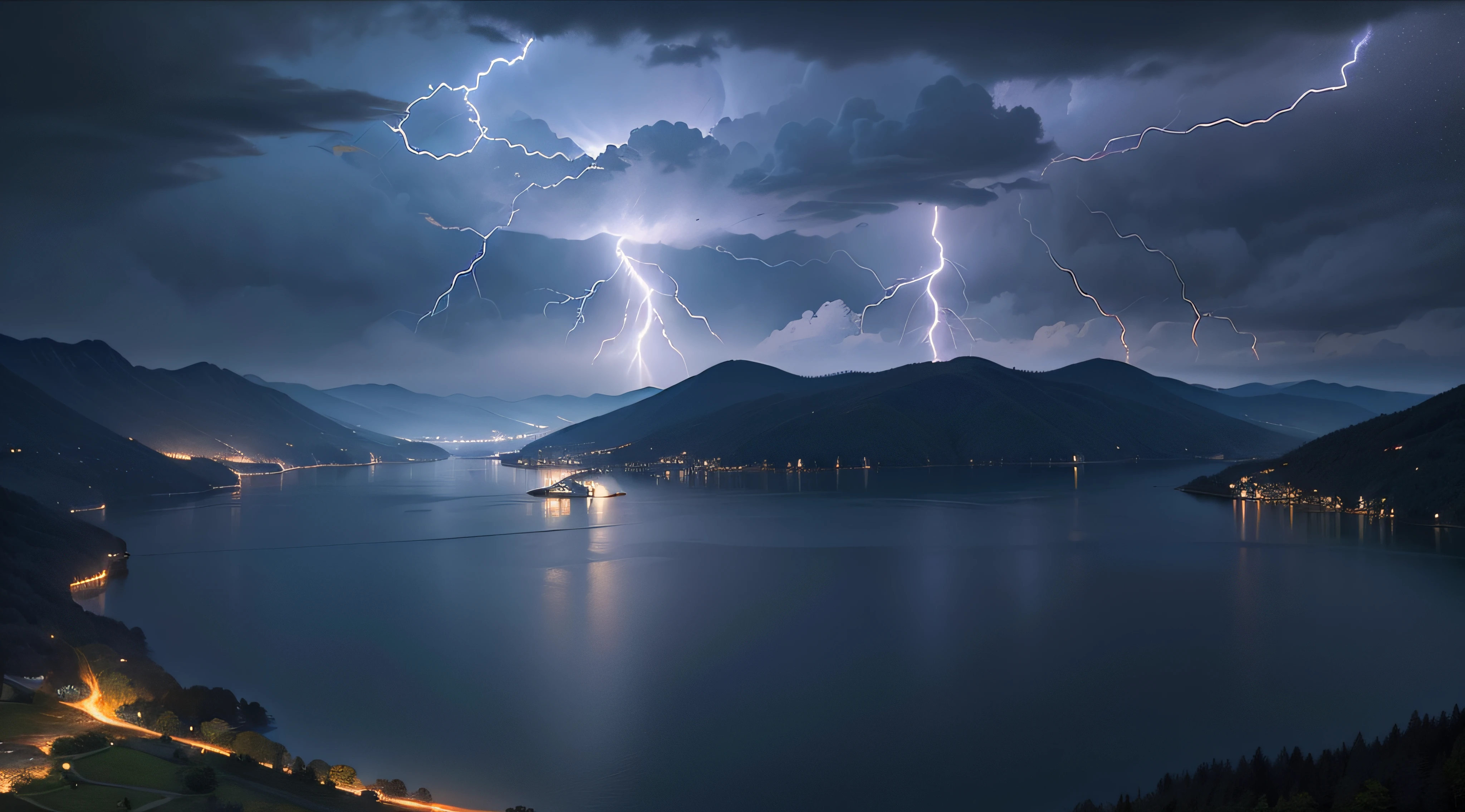 NSFW、(Surreal)、(hight resolution)、(8K)、 (ighly detailed)、(top-quality、masterpiece:1.3)、(sharpnes)、(Lots of lightning)、Lightning reflecting off the surface of the lake、natta、dark sky、(alps)、countryside view、A city scape、lake、From a bird's-eye view