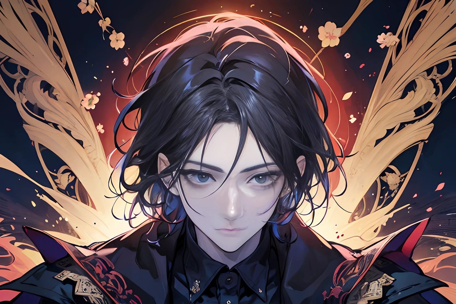 1 man, magician from Now you see me, mysterious vibe, vivid color, grim ,artistic,masterpiece, delighted face and details, high quality, digital painting, official wallpaper, ||,
