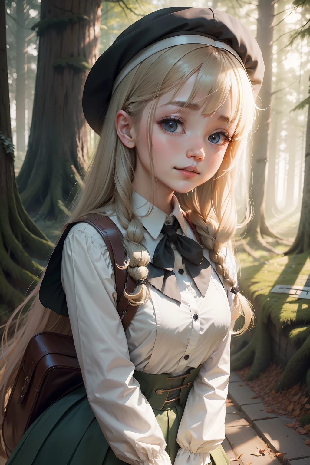 schoolgirls，period costume，long whitr hair，ln the forest，laughingly