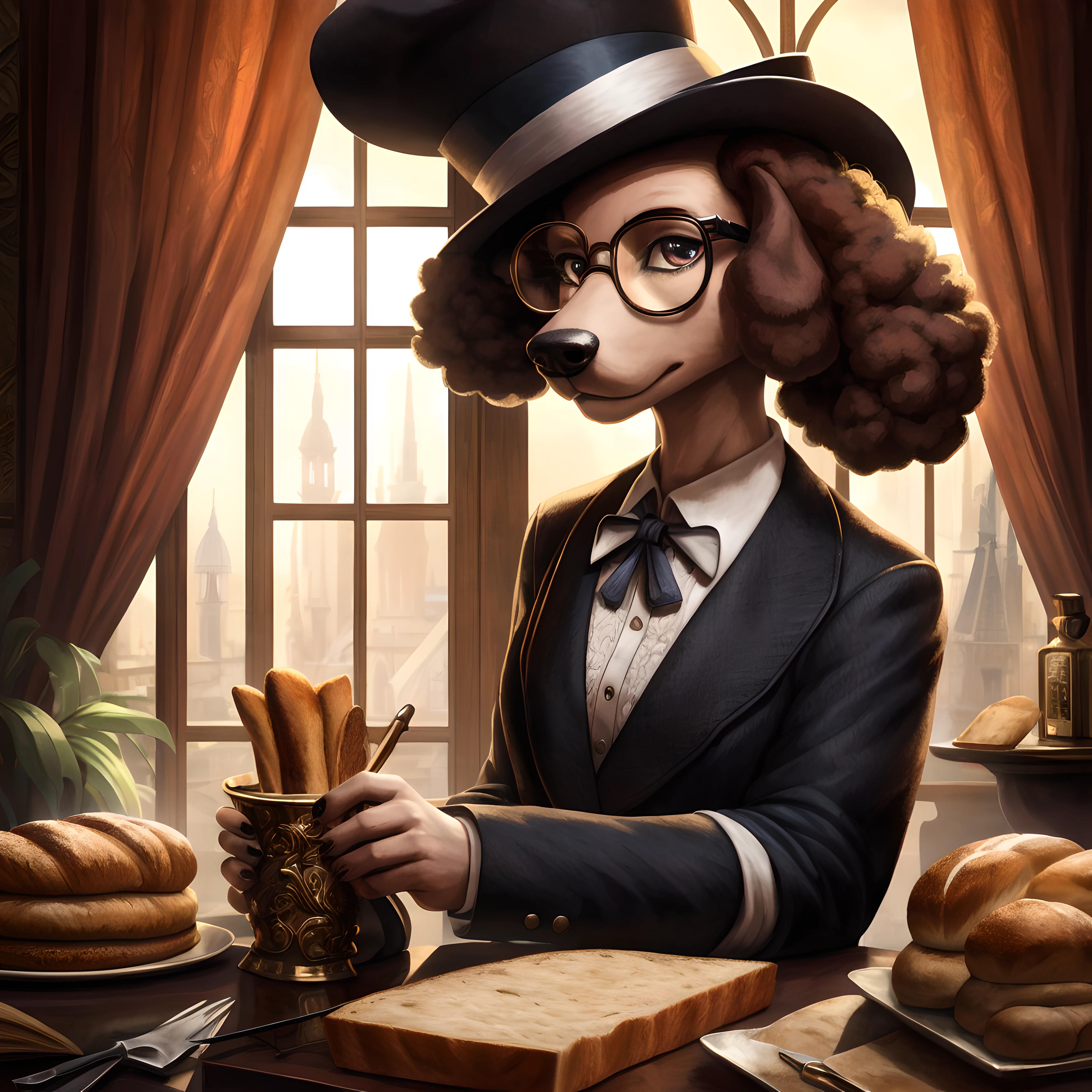 Poodle personification, A detailed detective, Stylish bread hat, Detective glasses, Mystery Novel Background, masterpiece, ultra-definition, extremely high details, extremely high quality, The ultra-Highres, 8k, HDR, Same focus, fine art, Creative, Sharpen every detail,