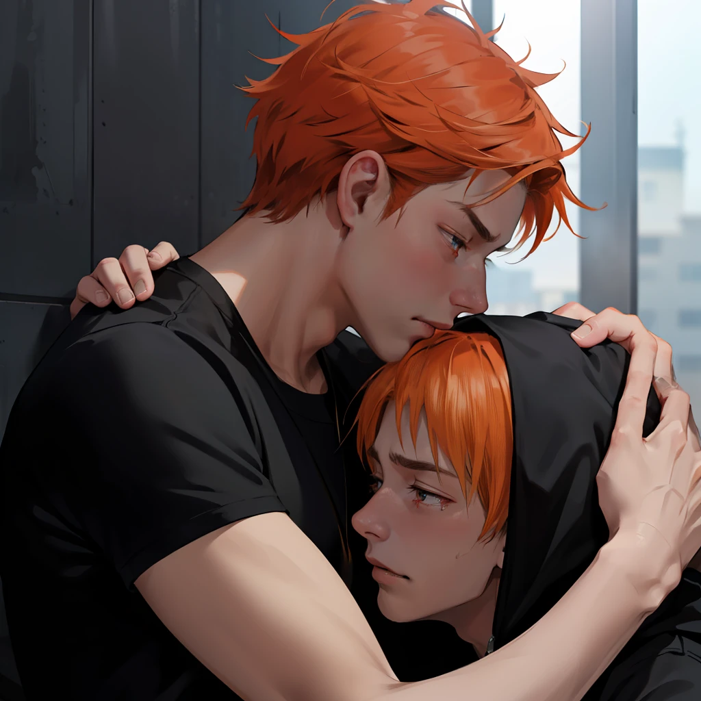 Orange-haired -yeld cr with sadness because his friend has died