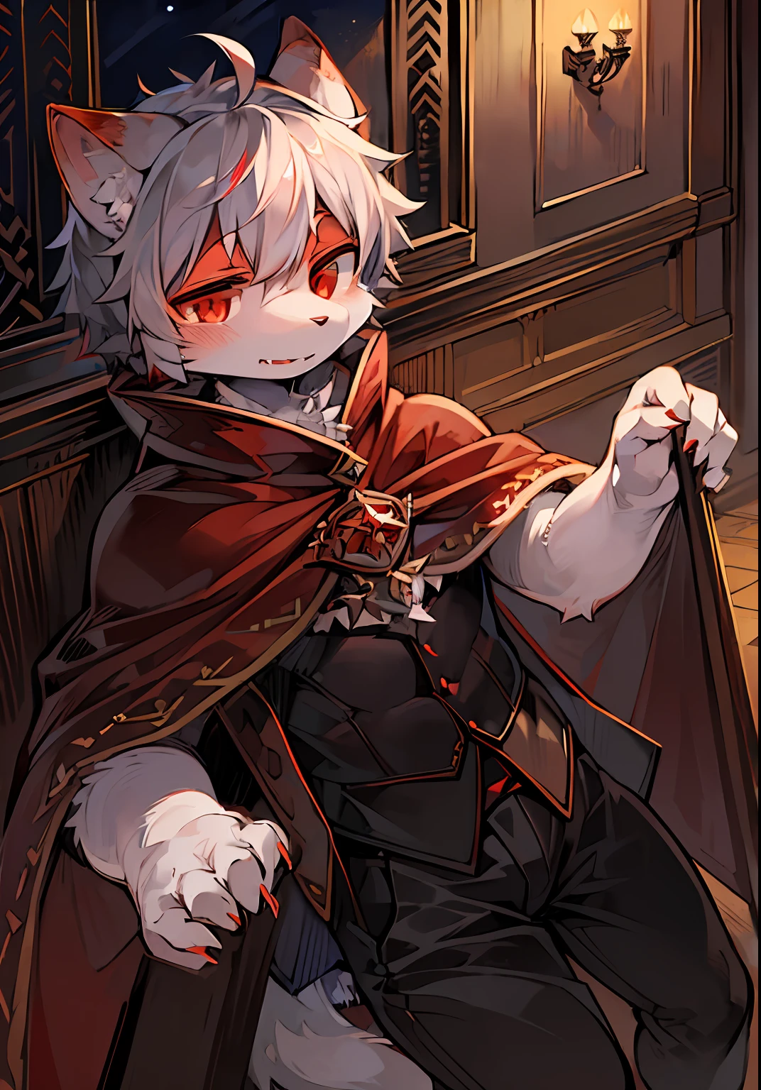 (dark environment:0.8),masterpiece, high quality, absurd res, digital painting \(artwork\), by dagasi, yupa,kiyosan,(anthro,fluffy fur,character focus:1.1),anthro male cat,short hair,portrait, bright eyes,panorama,character focus.(detailed background:0.7),solo,furry,furry male ,male focus,anthr,(Full body fur, fluffy tail, white fur,red eyes,gray hair:1.2),(long canines,vampire, cape:1.2),(interior,night, castle, coffin:1.1)