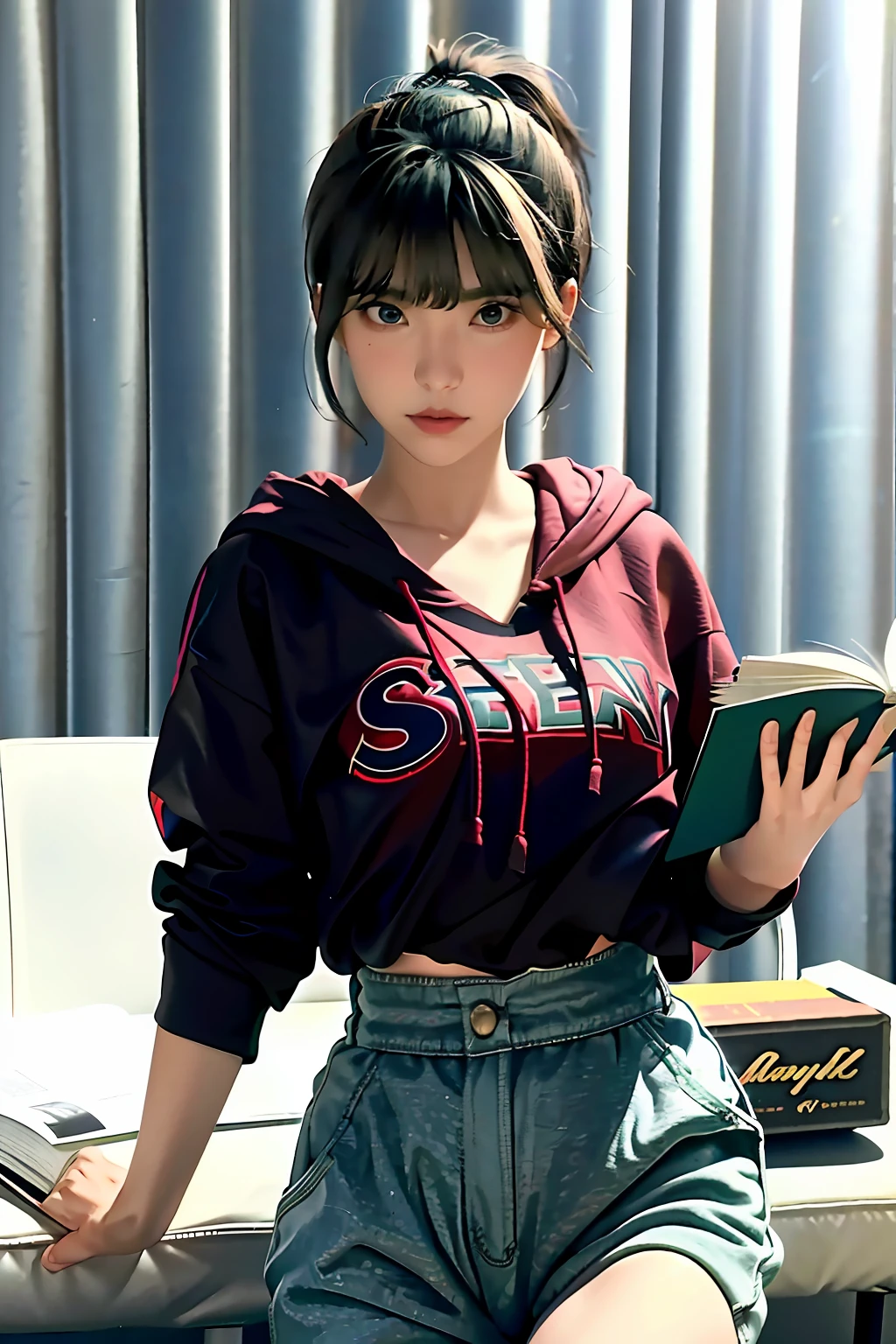 A woman plays a young woman solo,Short black hair,Wears a red hood and a green sweatshirt,Running,Holding a book in his hand, The woman has black hair and blue eyes, and the girl has dark brown hair,Her figure is bumpy,Super high appearance
