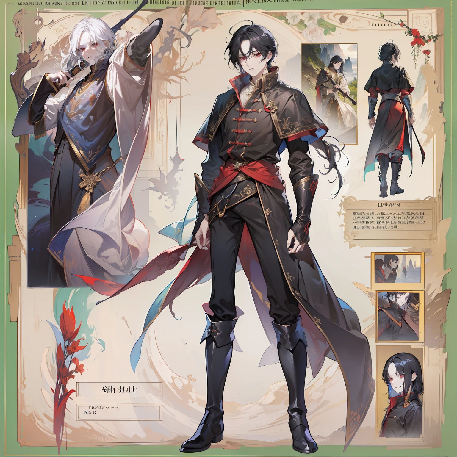 1 boy, solo, black hair, straight hair, flowing straight hair, red eyes, shirt, high boots, Lightweight clothing, medieval theme, looking at viewer, fantasy art, beautiful painting, guwaika style, epic exquisite character art, stunning characters, man, lean (reference sheet:1.5)