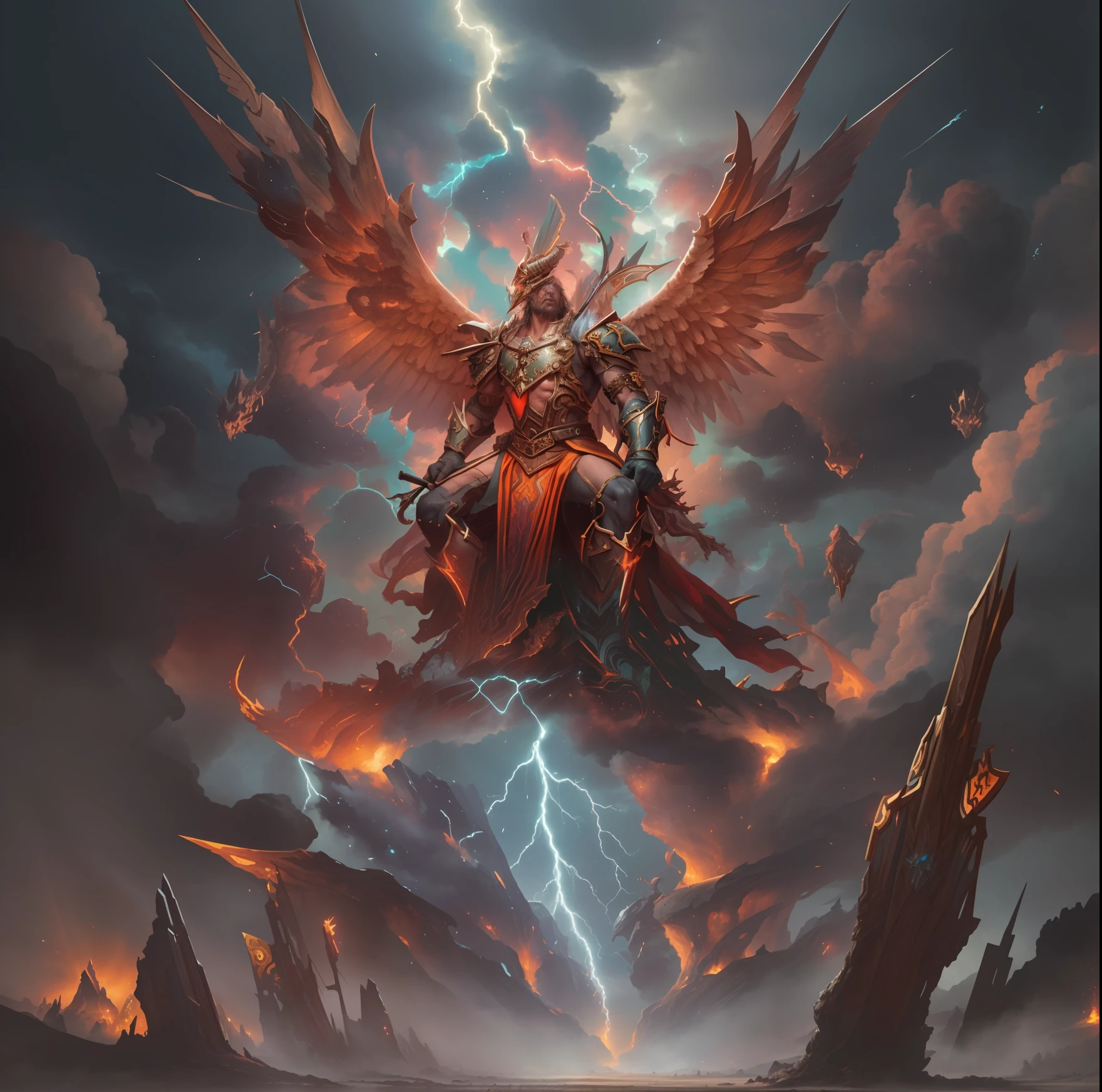wasteland, debris, (thunder and lightning), a digital painting of an angel sitting on a throne with lightning in the background, world of warcraft art, world of warcraft concept art, world of warcraft splash art, epic fantasy card game art, epic fantasy digital art style, fantasy card game art, world of warcraft art style, blizzard warcraft artwork, epic fantasy artwork, symmetrical epic fantasy art, warhammer fantasy art