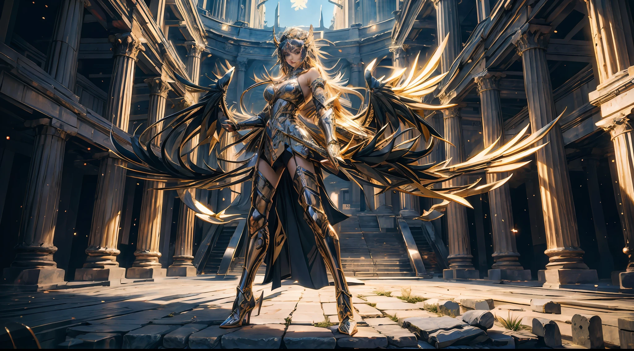 offcial art,统一 8k 壁纸,ultra - detailed,Beauty and aesthetics,high high quality,Valkyrie,tmasterpiece,Best quality at best,(zentangle,datura,Tangles,entangled:0.6),Greek temple,Large breasts,Heavy armor,Complex patterns,Fighting posture,dramatics,Photorealistic, Super detail, Masterpiece, Best quality, A high resolution, 8K,Metal wings