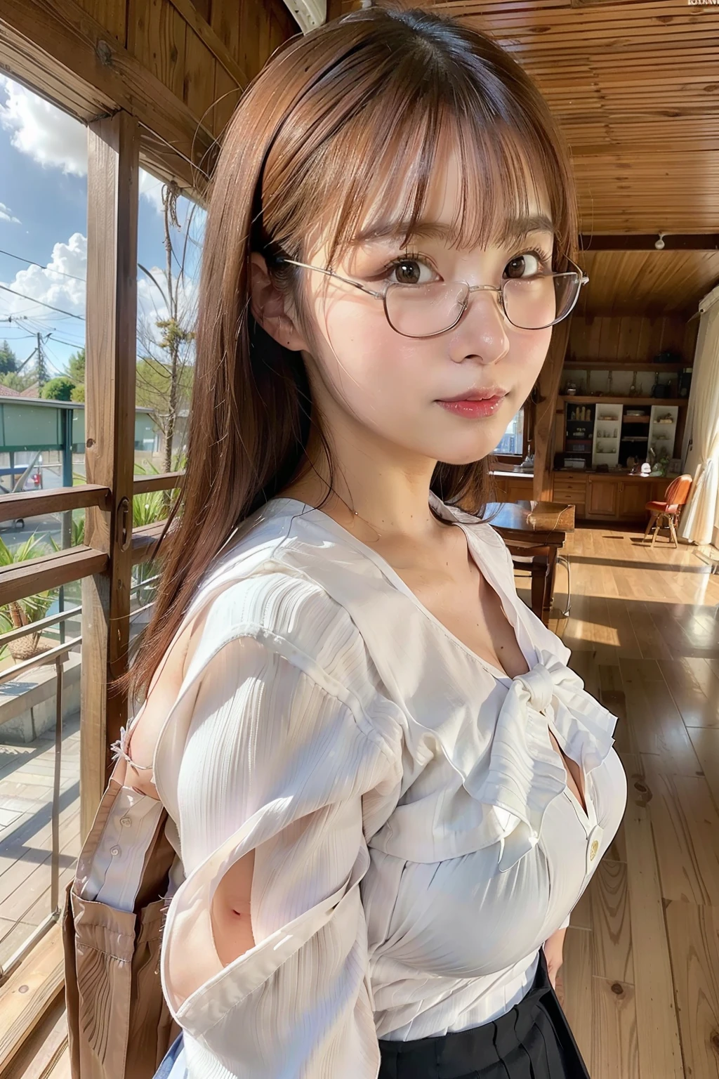 masterpiece, top-quality, 超A high resolution, (Photorealsitic:1.4), 32K,beautiful lighting, Raw photography, 8K UHD, Super Detailed Face, beautiful a girl, Sweet girl,with round face,a baby face, Round frame glasses,(((deep v neck,Wearing a white shirt and a long pleated skirt,Wearing a long skirt))), (Colossal tits:1.5,Sensual body woman,bigtits),((Accentuated cleavage,sideboob barbosa,Overhanging udder)),perfectly proportions,The bra is visible under the shirt,atlibrary, inside in room,