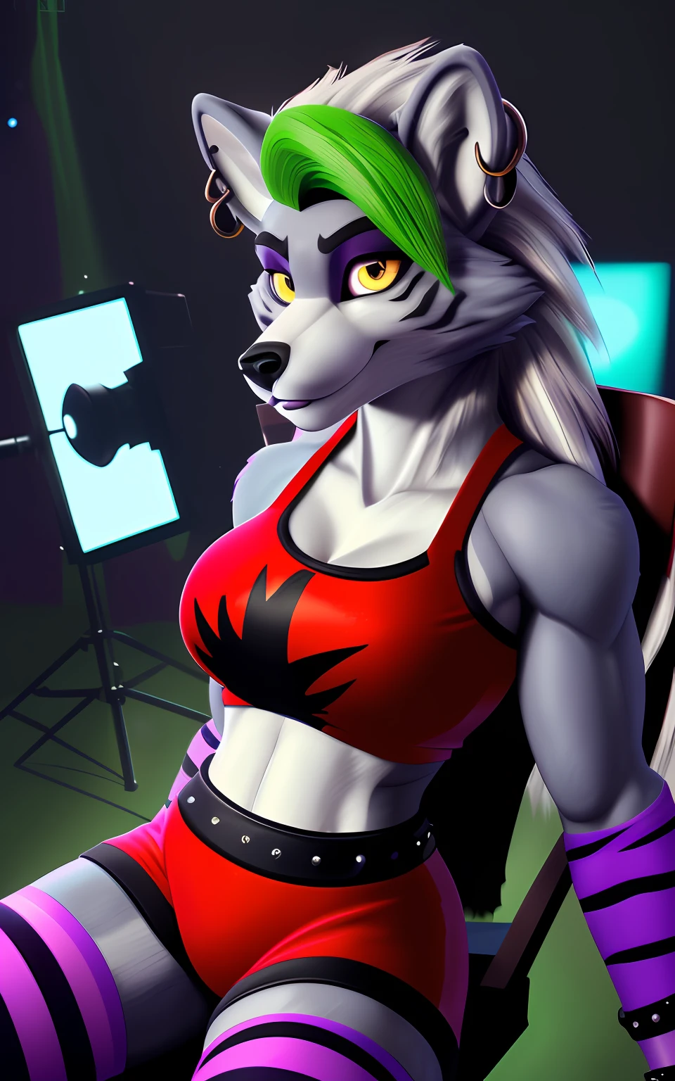 [Roxanne_Wolf], [FNAF:_Security_Breach], [Uploaded to e621.net; (Foxovh), (Pixelsketcher), (mayosplash], ((masterpiece)), ((solo portrait)), ((furry; antrho wolf girl)), ((detailed fur)), ((raytracing)), ((detailed shading)), ((beautiful 2D art)), {anthro wolf; (grey fur, white belly), (yellow eyes; black pupils), long white messy hair, (green highlighted bang), (green claws), (fluffy white tail), seductive gaze; (bedroom eyes, smug smirk), large boobs, red crop top, (cleavage), tight red leather shorts, (purple tiger-striped bracers), (purple tiger-striped legwear), (gold earring on right ear), (defined leg muscles)}, {(sitting in studio chair), (brushing hair), head tilted sideways), (attractive pose), (looking down at viewer)}, [background; indoors, studio (bright lights), (mirror)]