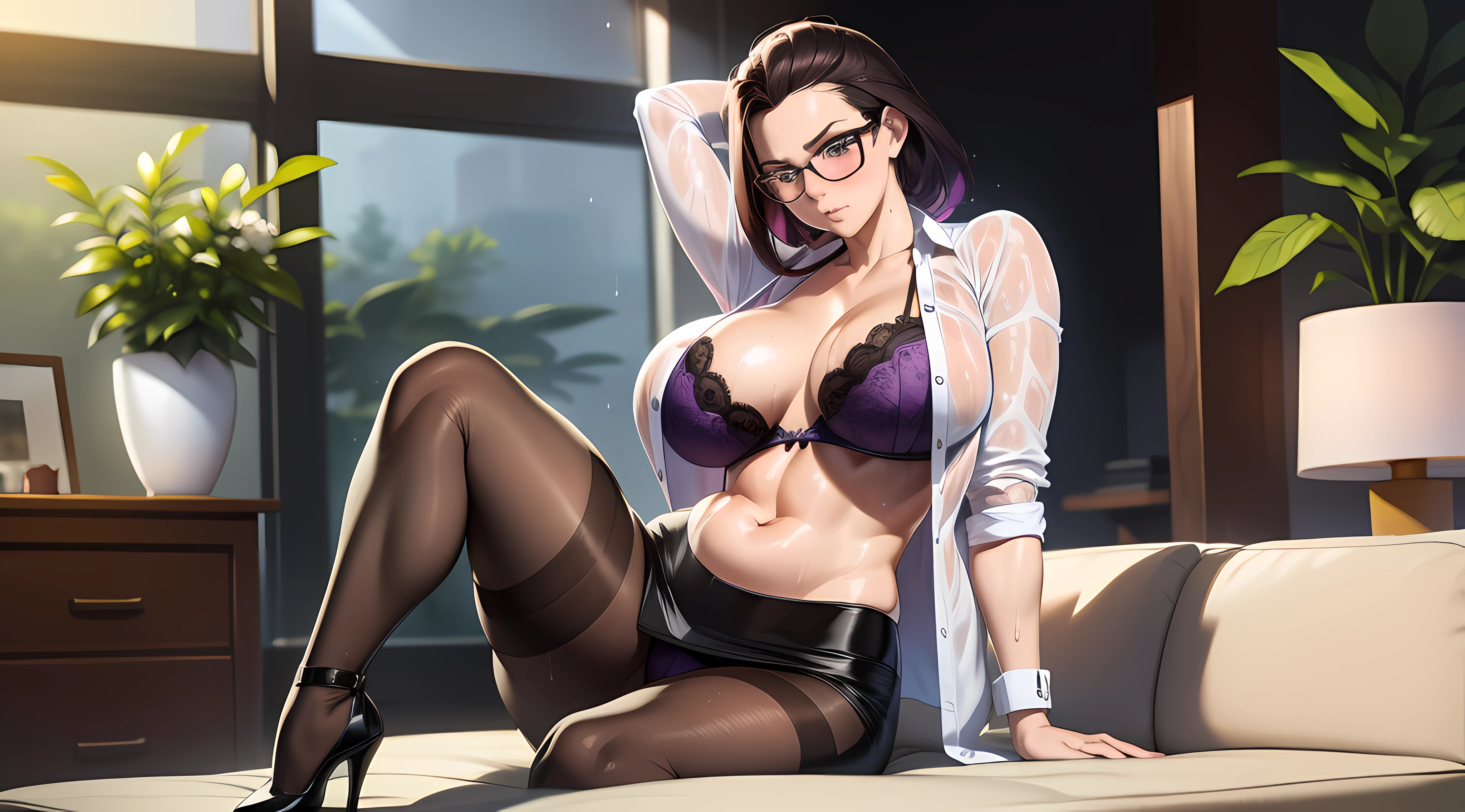 Masterpiece, Best quality, Realistic, Photorealistic, Great lighting, Ultra-detailed, Dynamic Angle, Perfect face, (Bright lighting:1.2),Beautiful detailed eyes, Extremely detailed face, Yellow braid，Perfect lighting,Miss Pauline,Heavy makeup，Glasses, Purple shirt, Open shirt, Black bra, cleavage, Large of breast，pencil skirts, Pantyhose, High heels, view the viewer, arms behind  head,Sweaty, Wet body，Transparent, Embarrassed expression, Blush, Sitting, lounge room