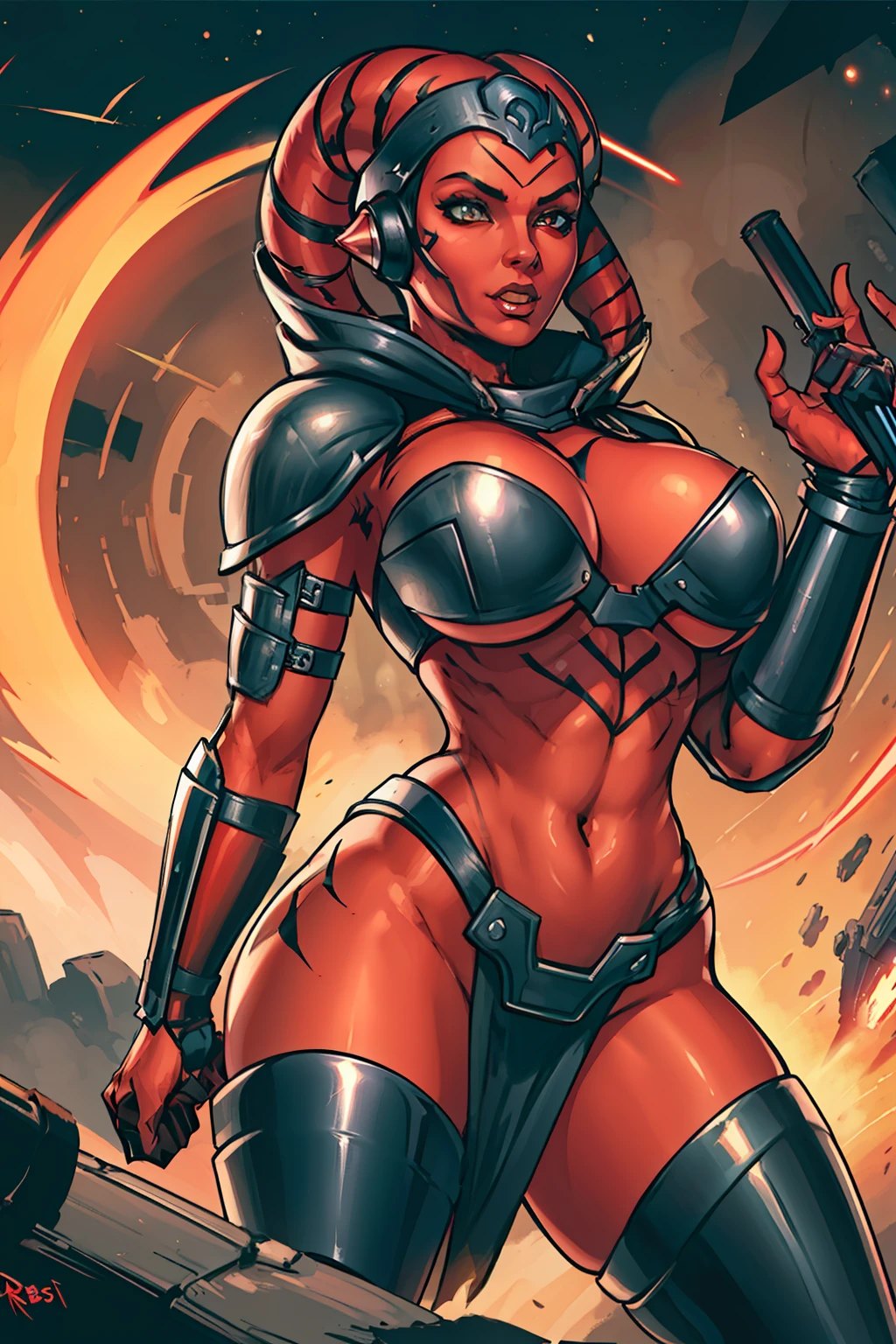 busty, masterpiece, best quality, highly detailed, award winning, high definition, ((red skin), twi'lek), dual red lightsabers, evil space knight, space ninja, (black robes, black stealth armor, breastplate, tunic, tabard, cowl, cloak, body glove, straps, buckles, skirts, long sleeves, fantasy, ((armor))), ((busty), slender body, thin, slim sexy body, slim waist, (((huge breasts)))), Imperial starship, Star Wars,