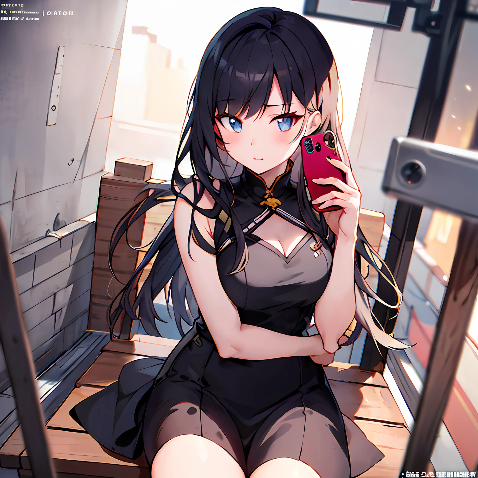 Anime girl sitting on bench,Mobile phone in hand, Anime girl wearing black dress, trending on artstation pixiv, in jail, Guweiz in Pixiv ArtStation, Guweiz on ArtStation Pixiv, In prison, from girls frontline, in prison cell, Anime. Soft lighting, seductive anime girls, pixiv 3dcg