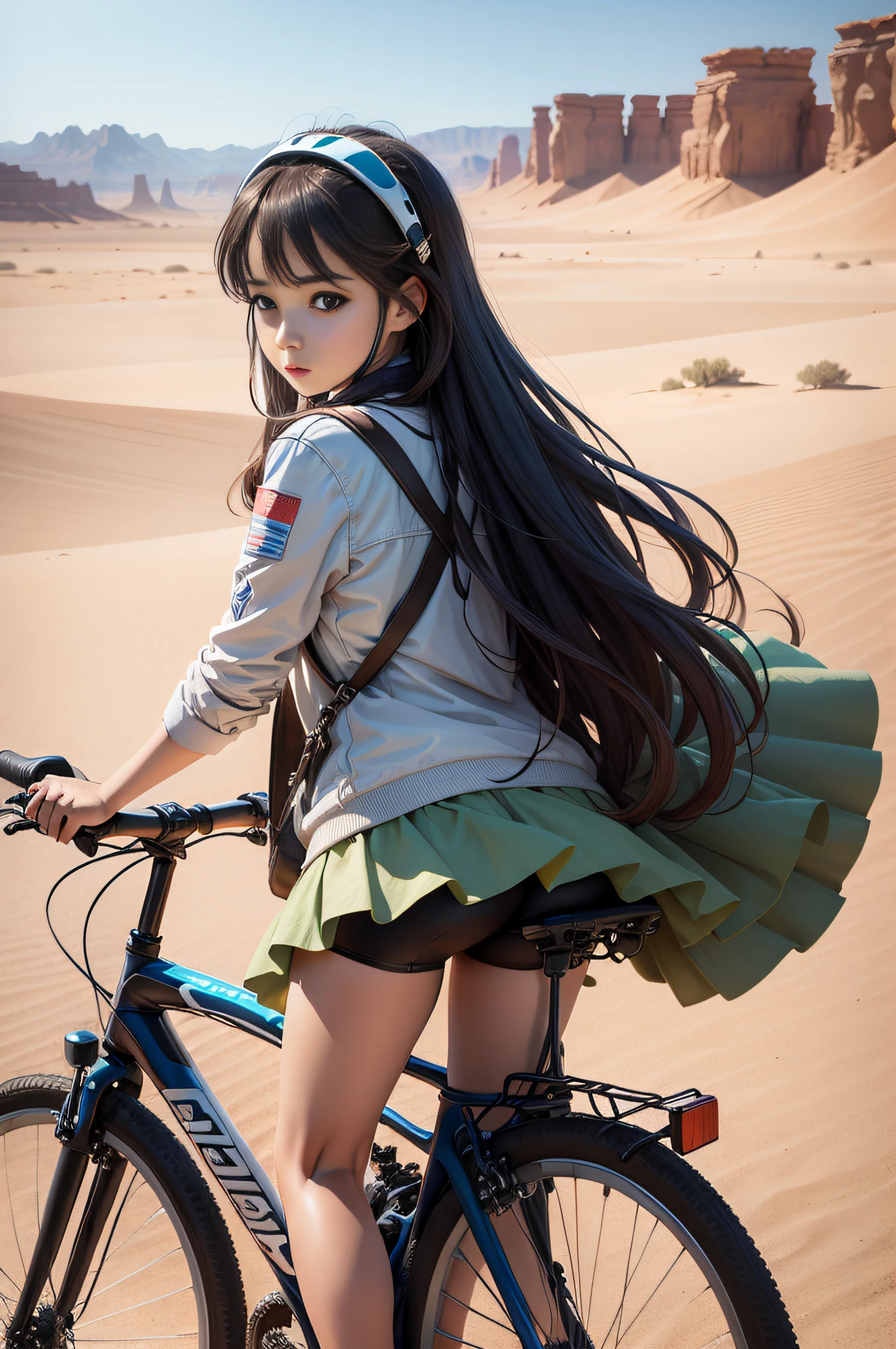 Improbable landscape A desert konbini A hyper-realistic bicycle girl with Clear clouds dazzling