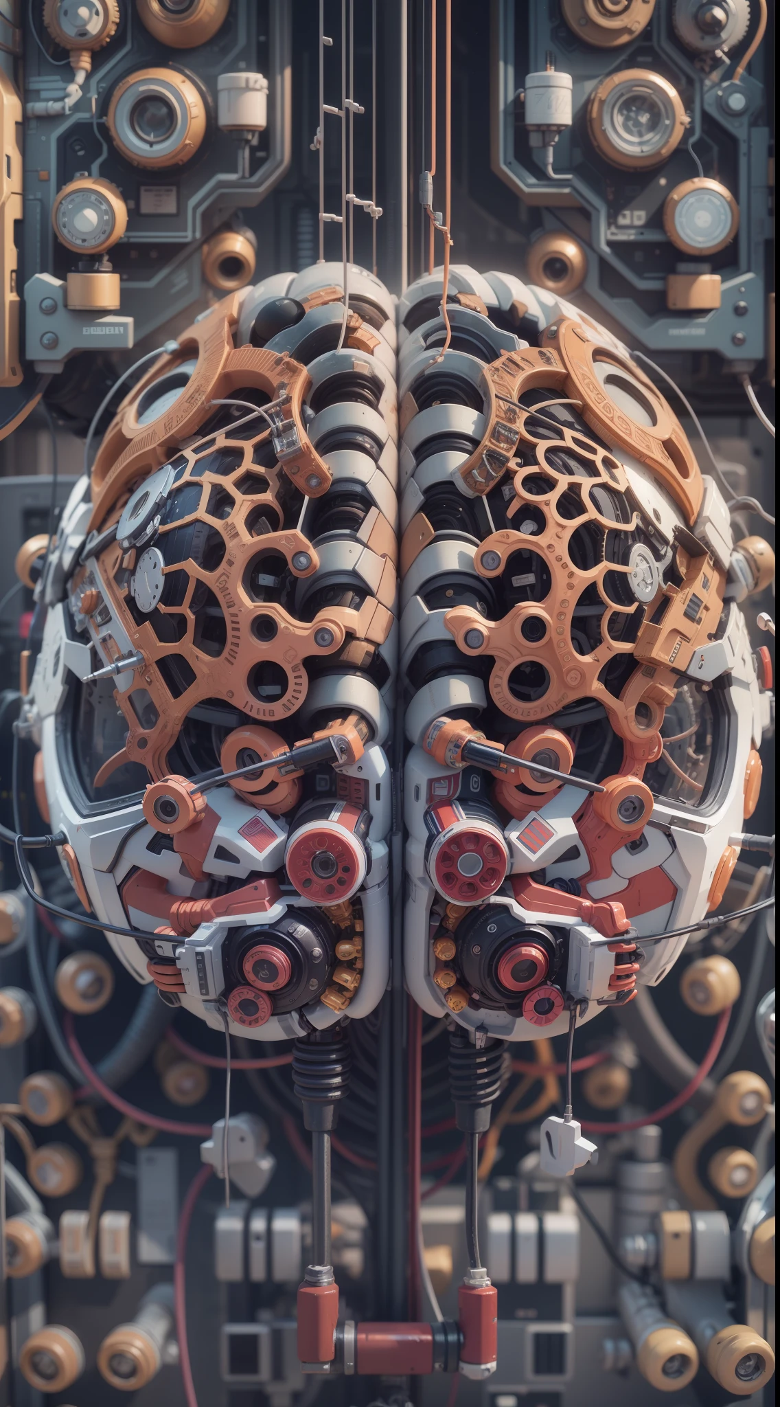 Complex 3D rendering,Ultra-detail of a beautiful porcelain human brain, Cyborg, cyborg robot parts, 150 mm, Beautiful studio soft light, rim-light, vibrant detail, Luxurious cyberpunk, Lace, Hyperrealistic, Cable Electrical Wire, micro Chip, elegant, Beautiful background, rendering by octane, 8K, Black olives, Burgundian colors, Coral color, Deep colors, deep Purple