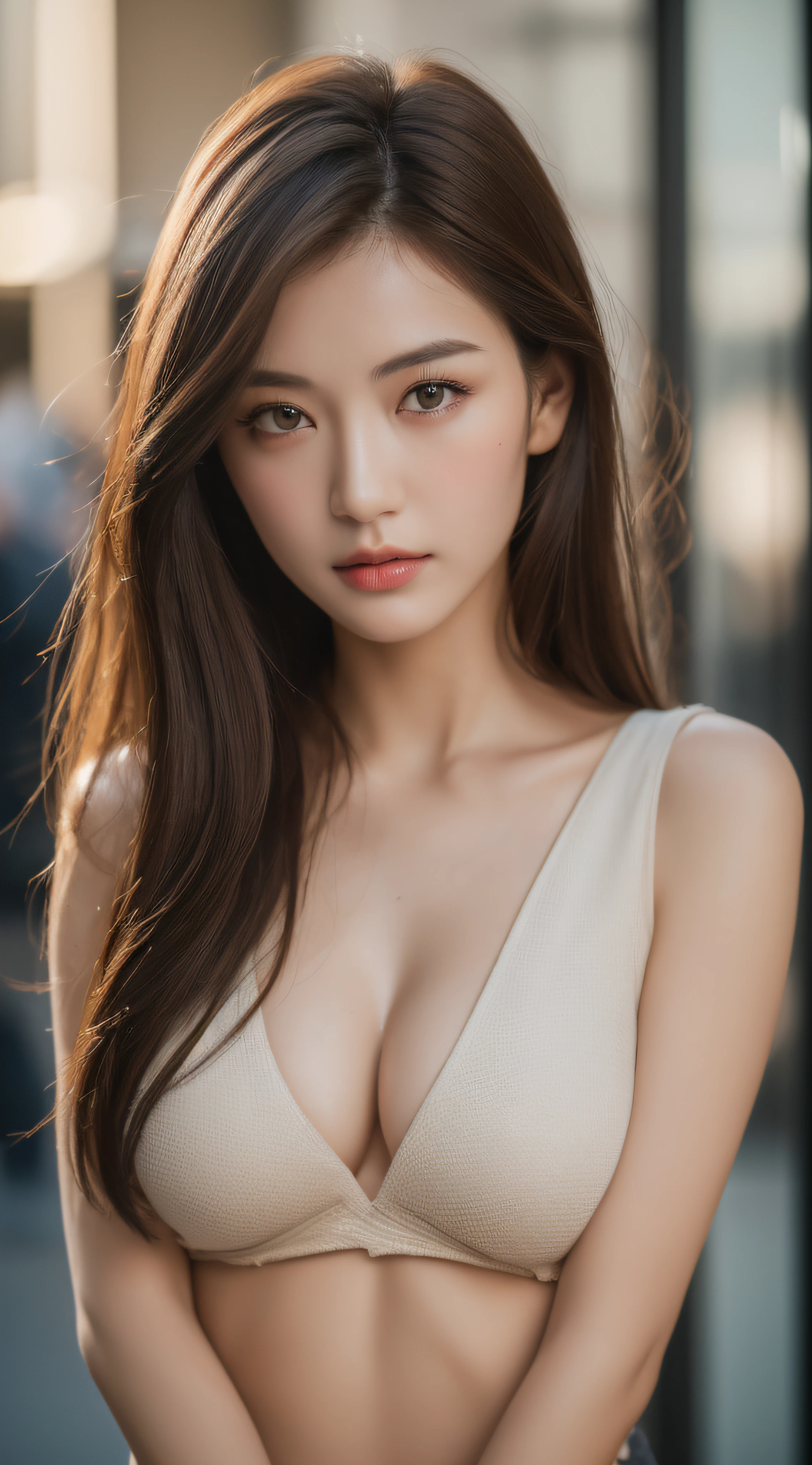 ((Best quality, 8k, Masterpiece :1.3)), Sharp focus :1.2, A pretty woman with perfect figure :1.4, Slender abs :1.2, ((Dark brown hair, Big breasts :1.2)), (Natural light, City street:1.1), Highly detailed face and skin texture, Detailed eyes, Double eyelid