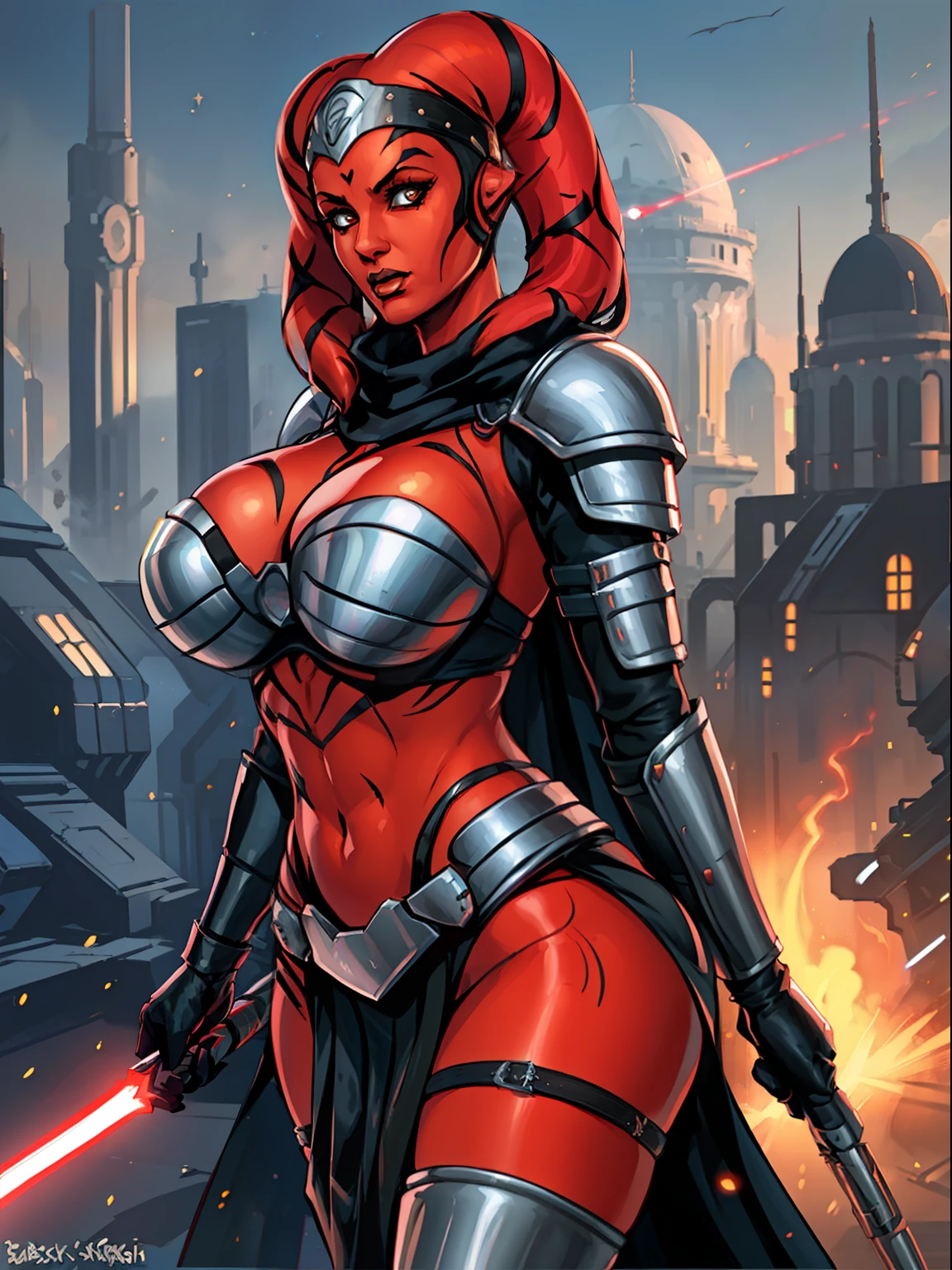 busty, ((red skin), twi'lek), dual red lightsabers, evil space knight, space ninja, (black robes, black stealth armor, breastplate, tunic, tabard, cowl, cloak, body glove, straps, buckles, skirts, long sleeves, fantasy, ((armor))), ((busty), slender body, thin, slim sexy body, slim waist, (((huge breasts)))), Imperial starship, Star Wars,