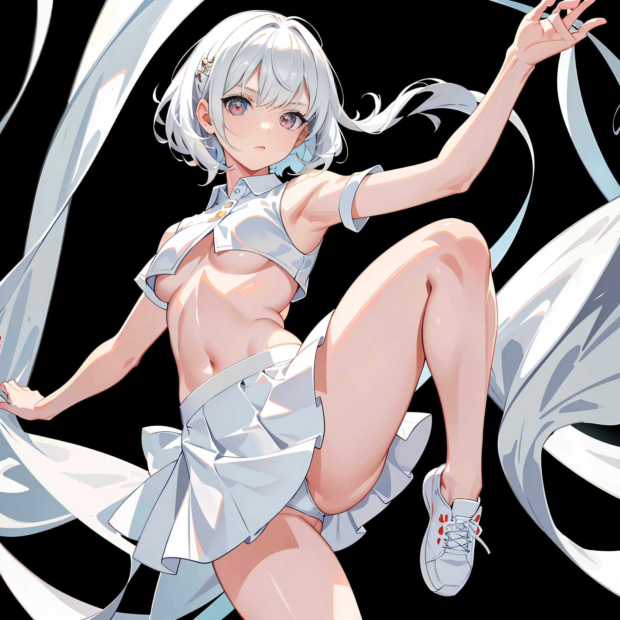 1girl, 独奏, White polo shirt, White sneakers, tennis wear, white mini-skirt, tmasterpiece, Best quality at best, realisticlying, ultra - detailed, (shiny skins, perspired:1.4), absurderes, looking at viewert, with short white hair, red color eyes,slenderness,Dynamic light and shadow,A high resolution,Sharp focus,depth of fields,The eyes are delicate,Sharp pupils,pupil realistic,(smallunderboob:1.6),(Thigh thick:1.0),exteriors,Sky Lori