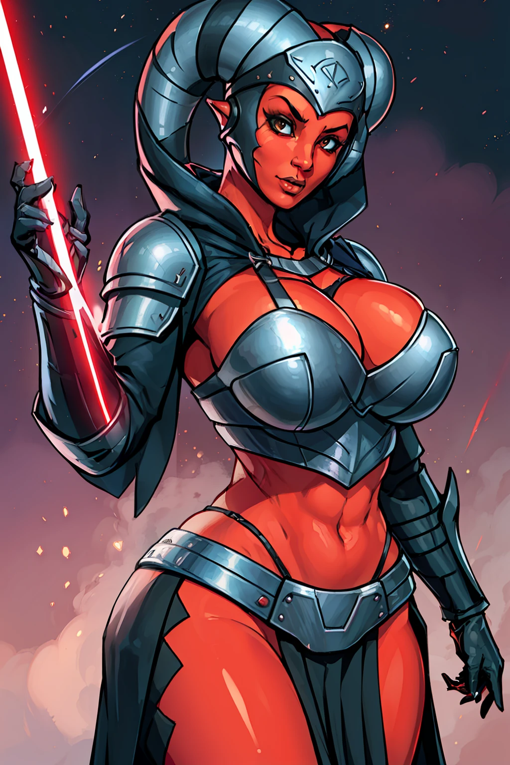 busty, ((red skin), twi'lek), dual red lightsabers, evil space knight, space ninja, (black robes, black stealth armor, breastplate, tunic, tabard, cowl, cloak, body glove, straps, buckles, skirts, long sleeves, fantasy, ((armor))), ((busty), slender body, thin, slim sexy body, slim waist, ((((huge breasts, large breasts))))), Imperial starship, Star Wars,