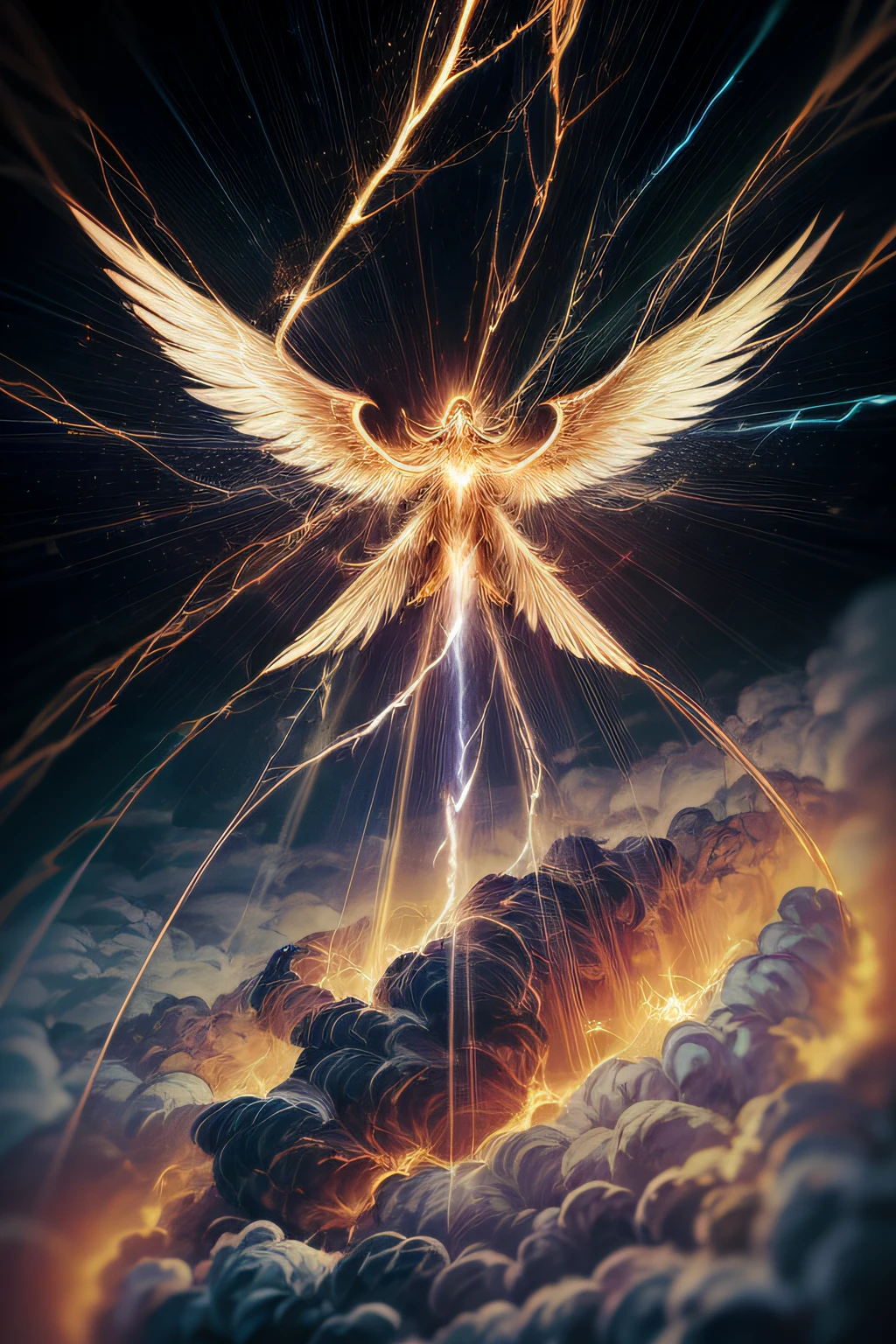 A majestic celestial being soars through the billowing clouds, crackling with the power of lightning. Cloaked in a resplendent golden attire, the celestial figure emanates a radiant glow that illuminates the surrounding sky. With outstretched wings spanning wide, each feather shimmers with an ethereal light. Lightning arcs from the celestial being's fingertips, illuminating the heavens with its electrifying brilliance. The atmosphere is charged with energy and awe, as if witnessing the raw power of nature harnessed by a divine entity. Illustration, created digitally with dynamic brush strokes and vibrant colors