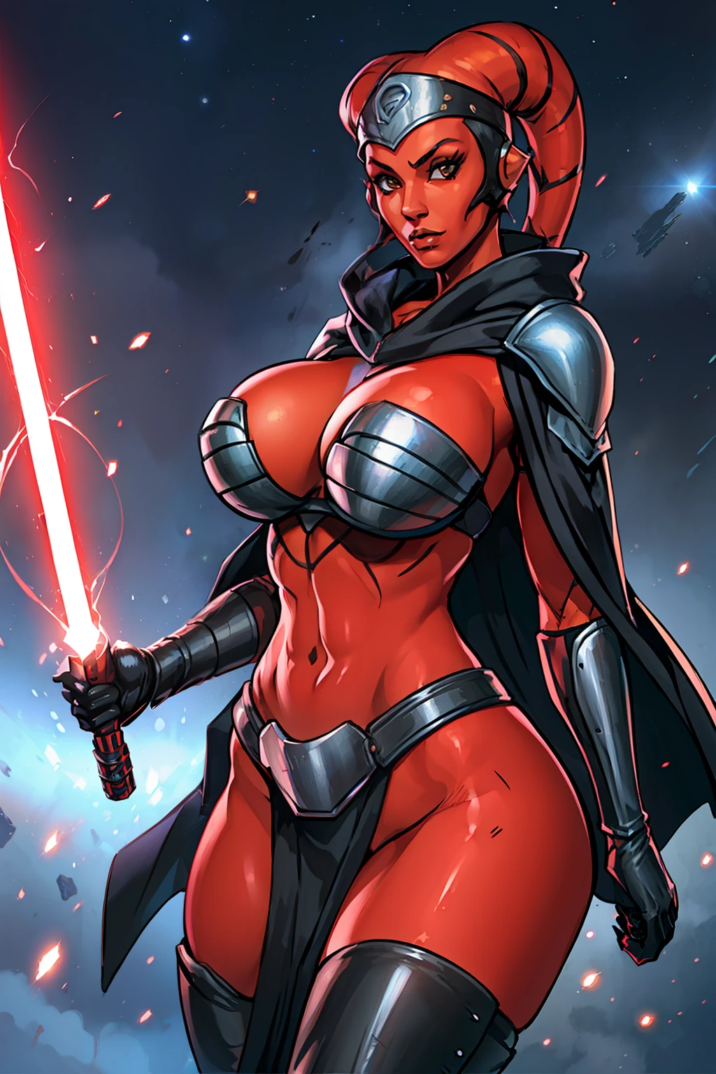 busty, ((red skin), twi'lek), dual red lightsabers, evil space knight, space ninja, (black robes, black stealth armor, breastplate, tunic, tabard, cowl, cloak, body glove, straps, buckles, skirts, long sleeves, fantasy, ((armor))), ((busty), slender body, thin, slim sexy body, slim waist, ((((huge breasts, large breasts))))), Imperial starship, Star Wars,