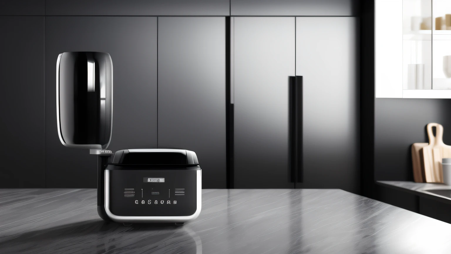 The kitchen counter has a black and silver coffee machine，Black and white countertops，Black and silver countertops,Dalof Ipukar,unreal engine rendered,computer render,hyper photorealism,