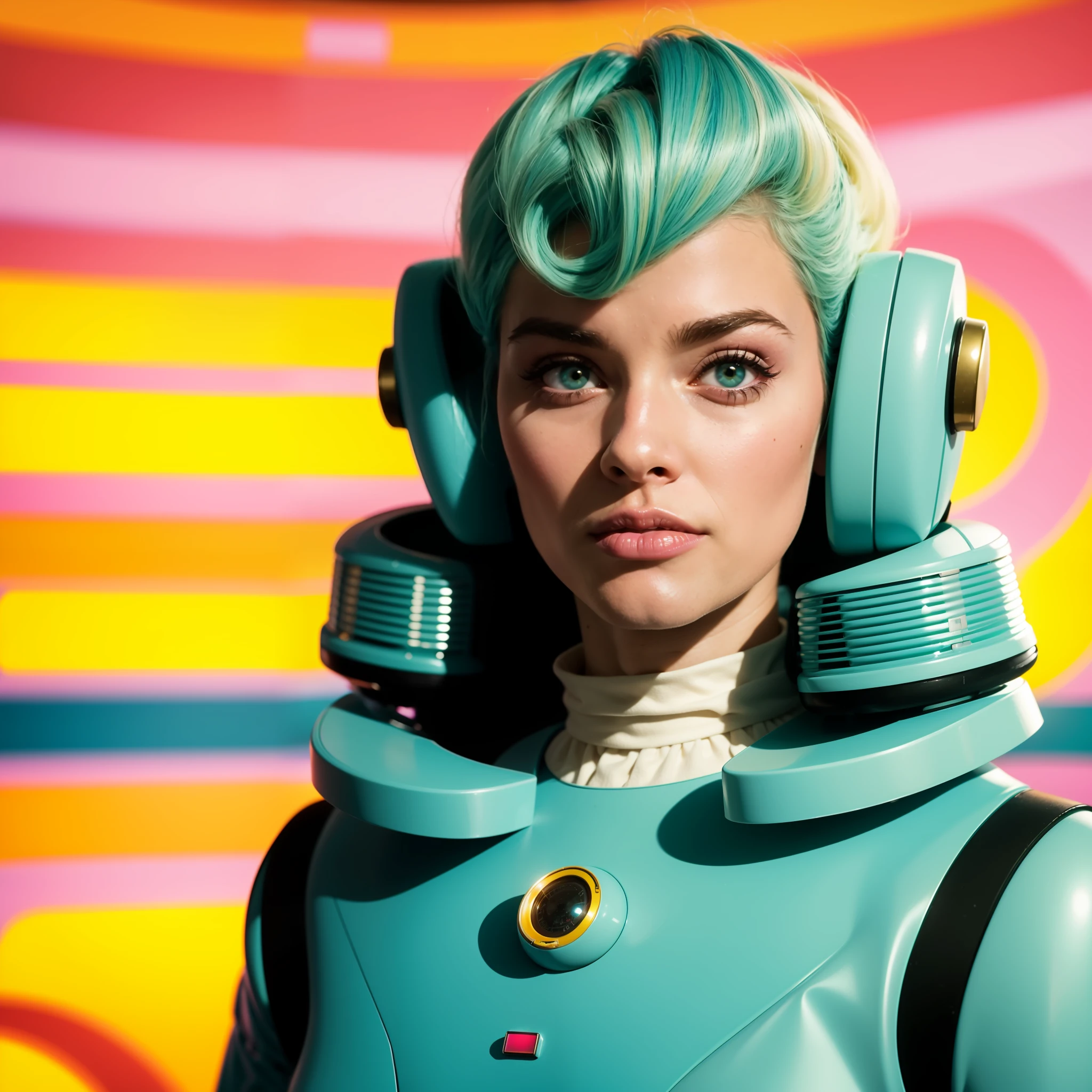 4k image from a 1960s science fiction film by Wes Anderson, Filme O Grande Hotel Budapeste, pastels colors, A blonde man and a pink-haired black woman wearing retrofuturistic alien masks and holding colorful suitcases and chests on the bus, Retro-futuristic fashion clothes from the 60s with old robots, Luz Natural, Psicodelia, futurista estranho, retro-futurista, photo-realistic, Sharp background details.