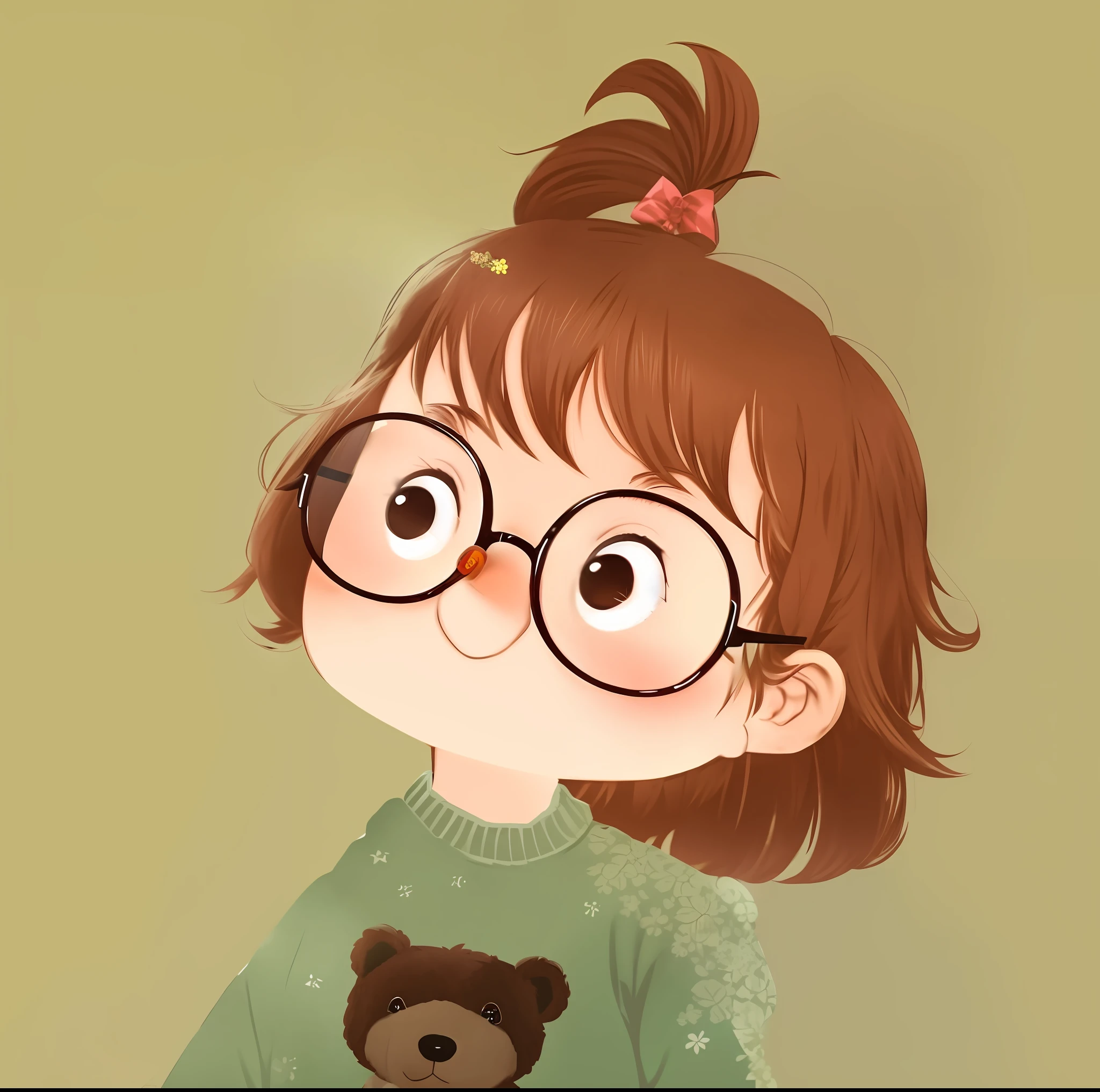 There is a girl with glasses and a teddy bear, Girl with glasses