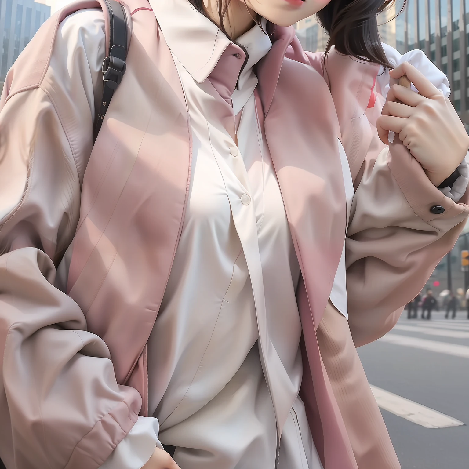 schoolgirls,Body to the right,White color blouse,Pink coat