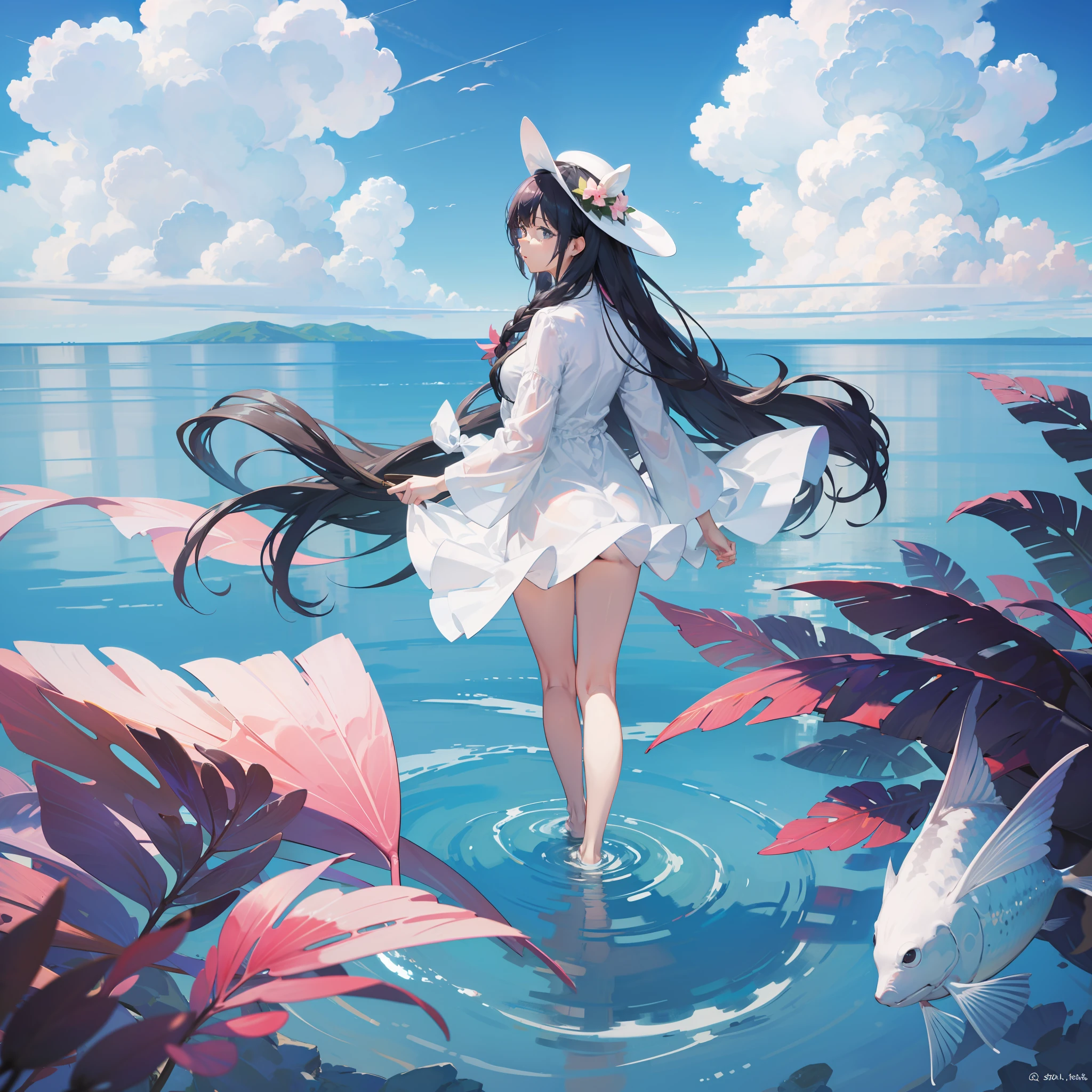 Outrageous resolution、Girl Walking In Shallow Water、blue open sky、Many white clouds、fish-eye lens、From  above、Rear-facing silhouette、White One Piece Clothing、Pink long hair