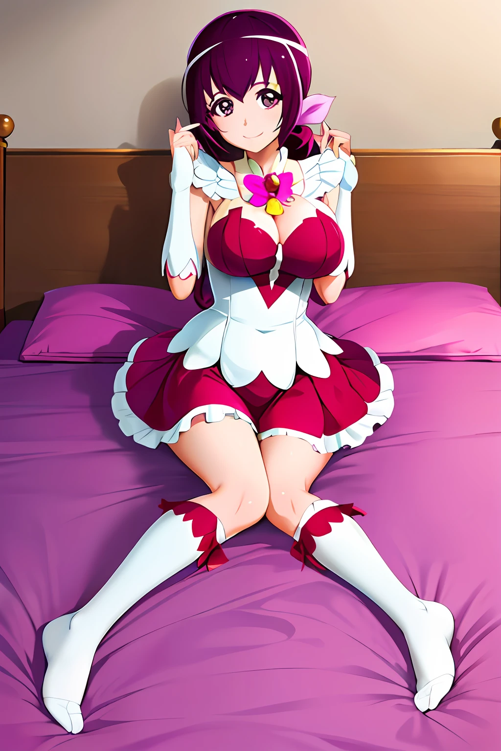 masterpiece, top-quality, hight resolution, hi1, purple color hair, a purple eye, large full breasts, Hair Bow,Pretty Cure Cosplay、 Shy smile、a bed、Full body like